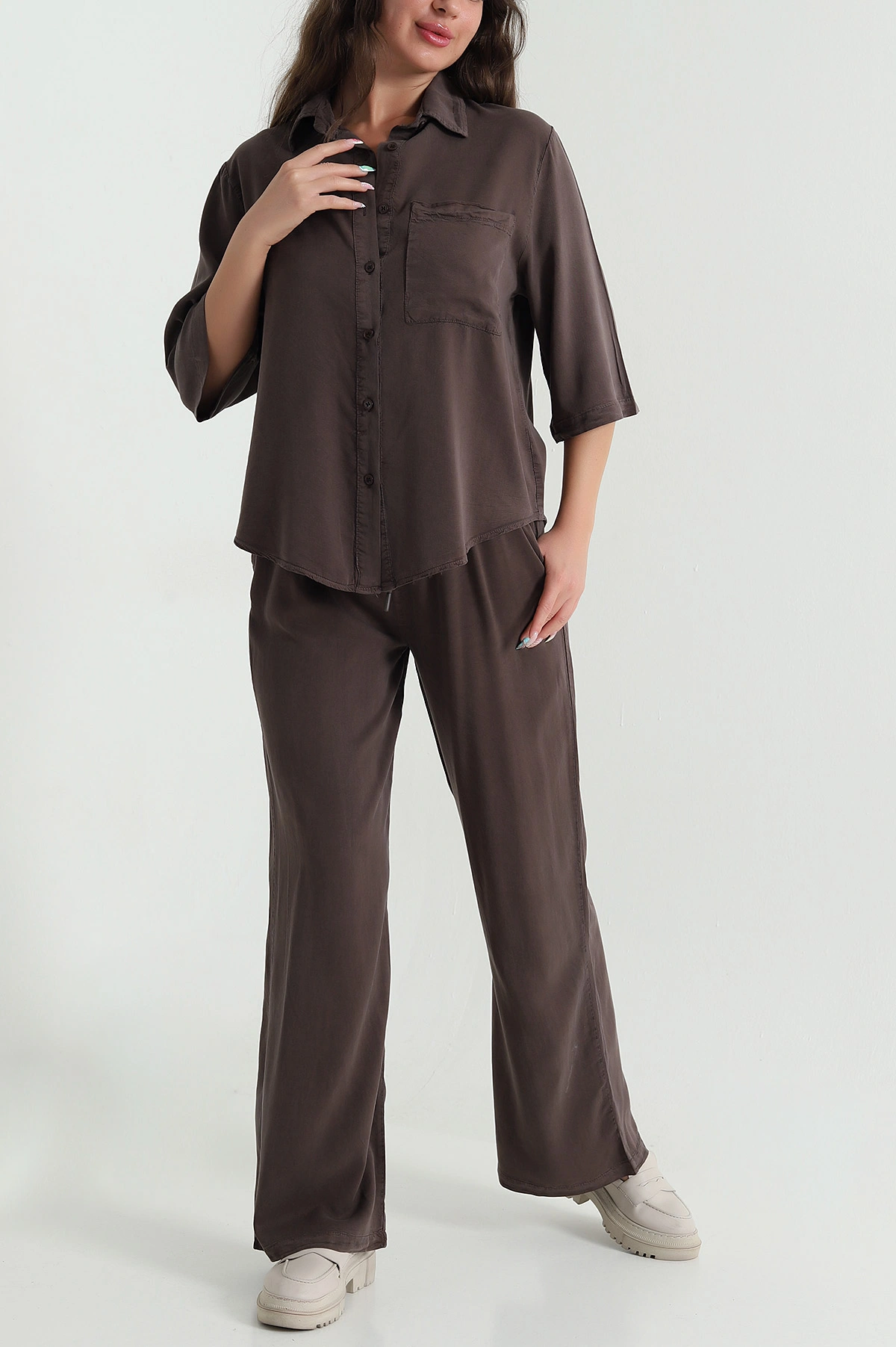 Kahverengi Tencel Gömlek Pantolon Kadın İkili Takım 469727