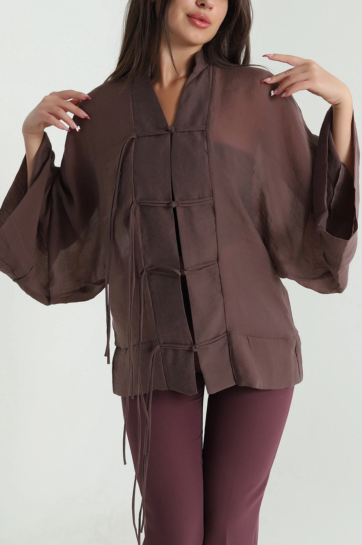 Kahverengi Tencel İp Bağcıklı Kadın Gömlek 476096