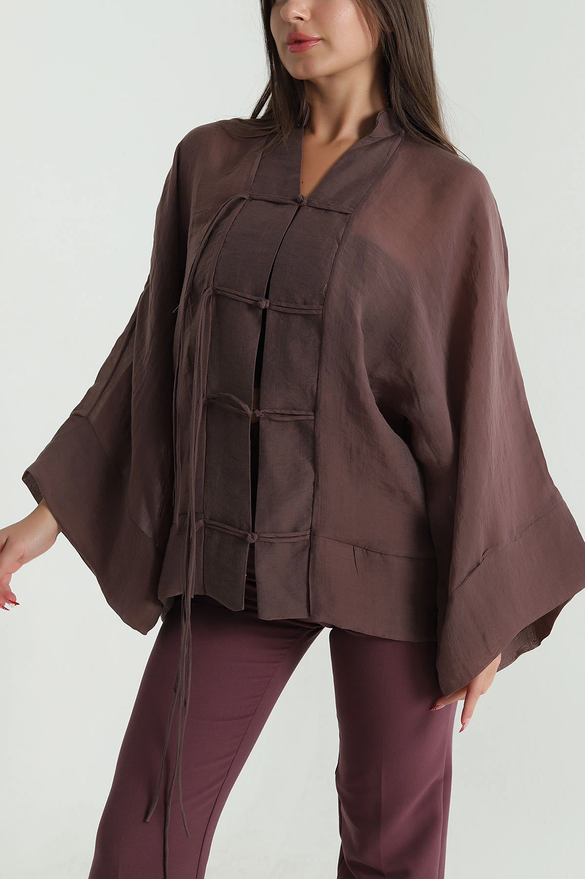 Kahverengi Tencel İp Bağcıklı Kadın Gömlek 476096