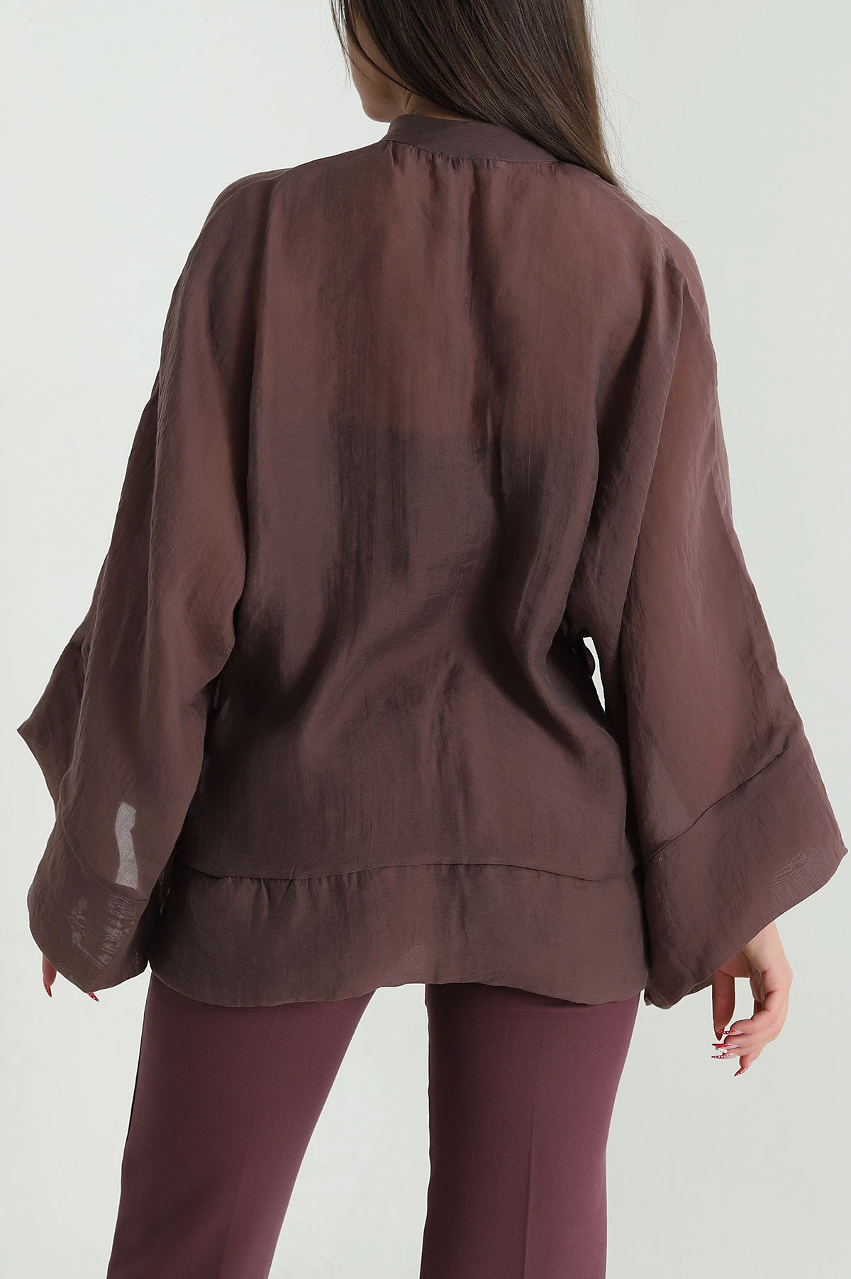 Kahverengi Tencel İp Bağcıklı Kadın Gömlek 476096