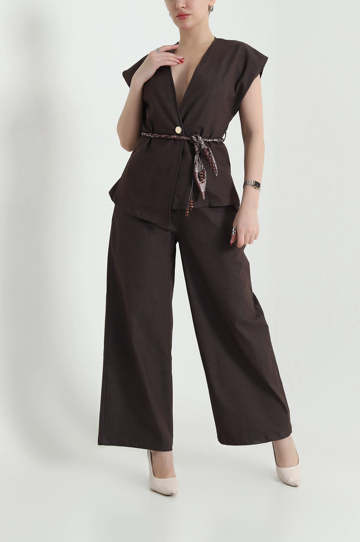 Kahverengi Tencel Kot Yelek Pantolon Kadın İkili Takım 442509