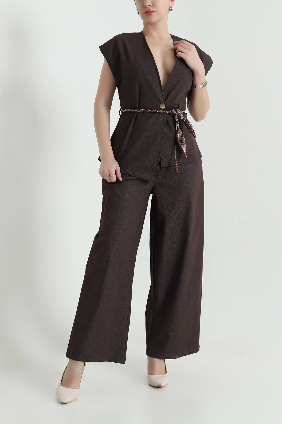 Kahverengi Tencel Kot Yelek Pantolon Kadın İkili Takım 442509