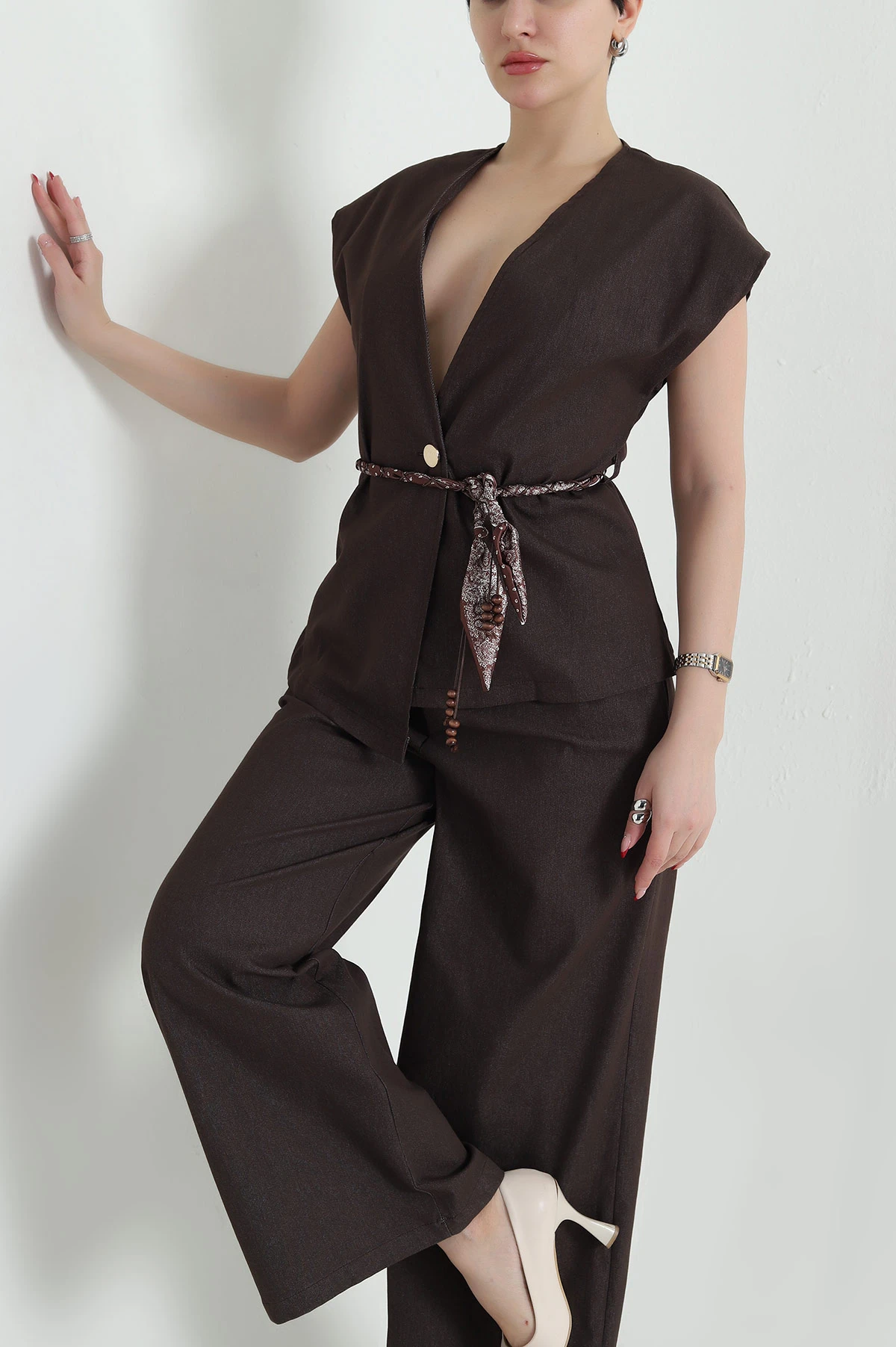 Kahverengi Tencel Kot Yelek Pantolon Kadın İkili Takım 442509