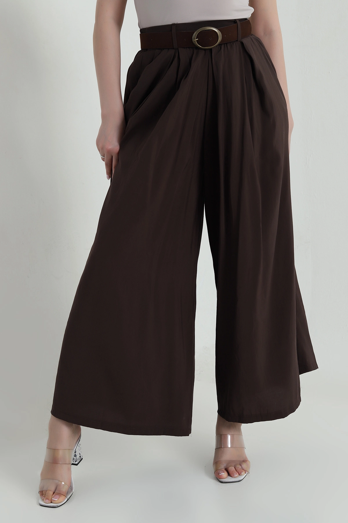 Kahverengi Tencel Pileli Kadın Pantolon 458263