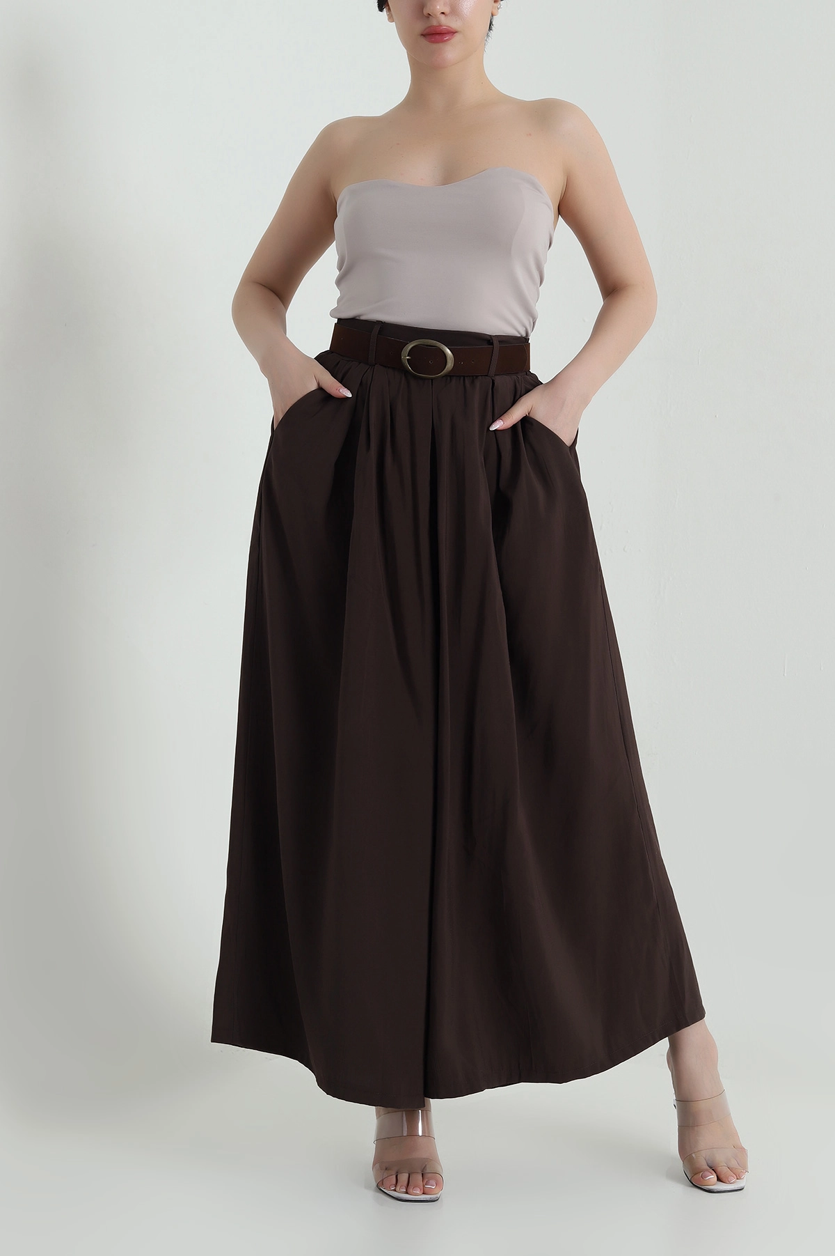 Kahverengi Tencel Pileli Kadın Pantolon 458263