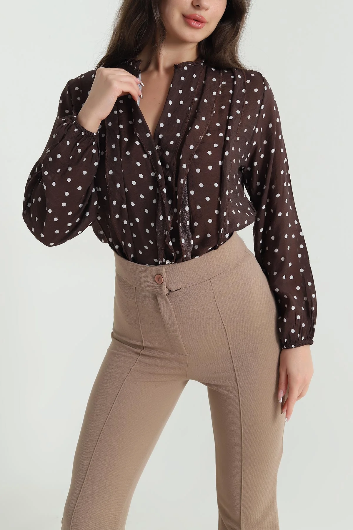 Kahverengi Tencel Puantiyeli Kadın Gömlek 462630
