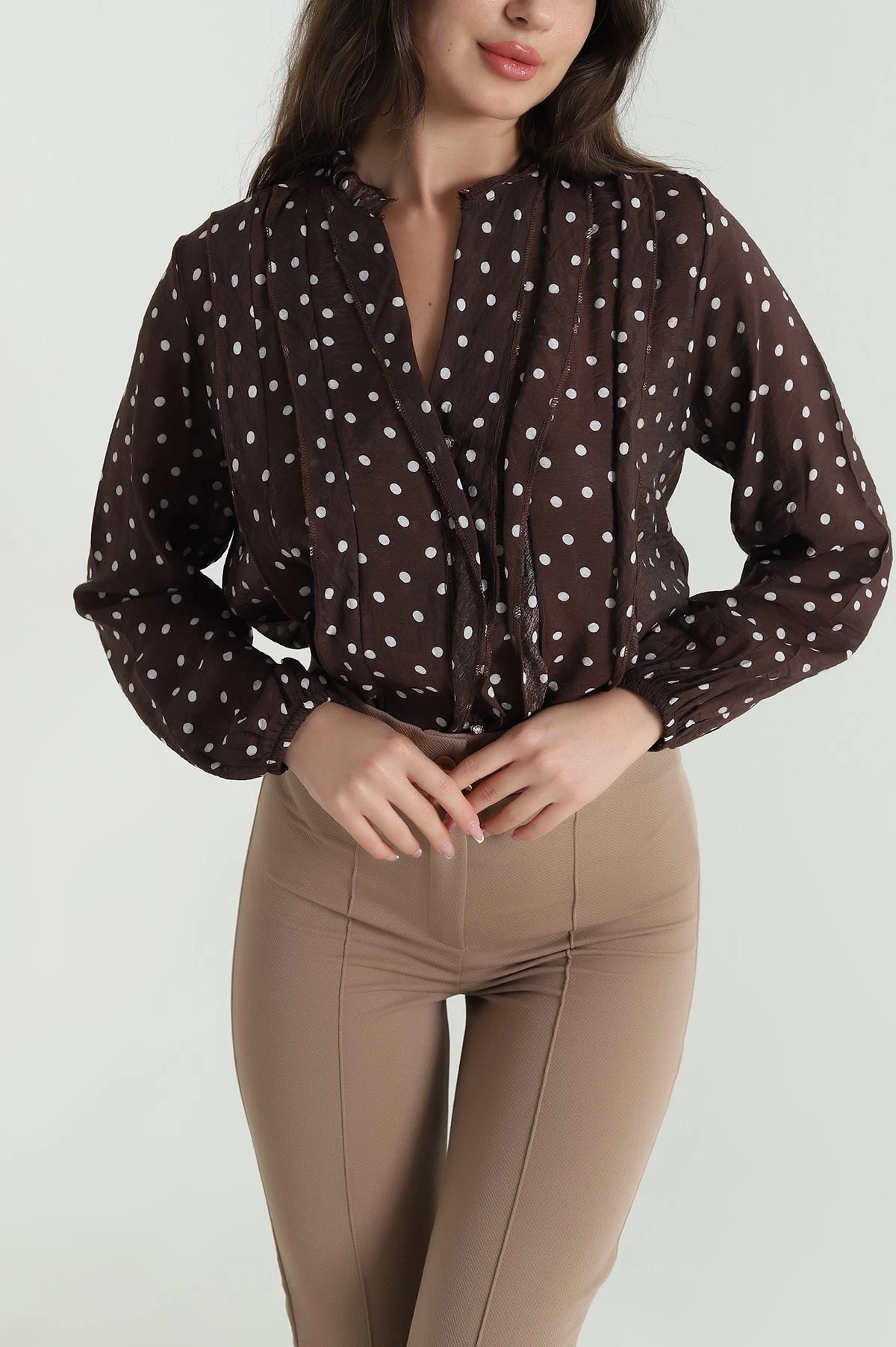 Kahverengi Tencel Puantiyeli Kadın Gömlek 462630