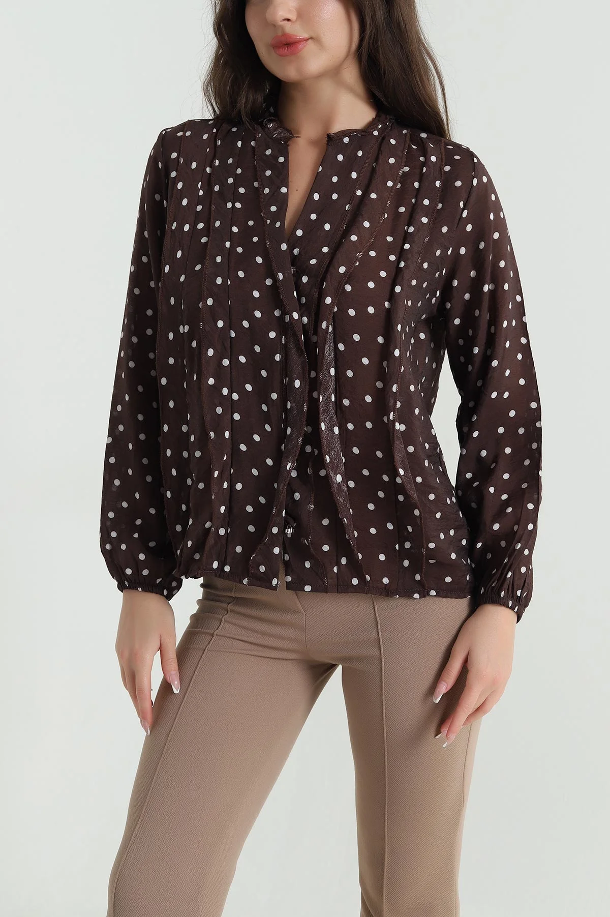 Kahverengi Tencel Puantiyeli Kadın Gömlek 462630