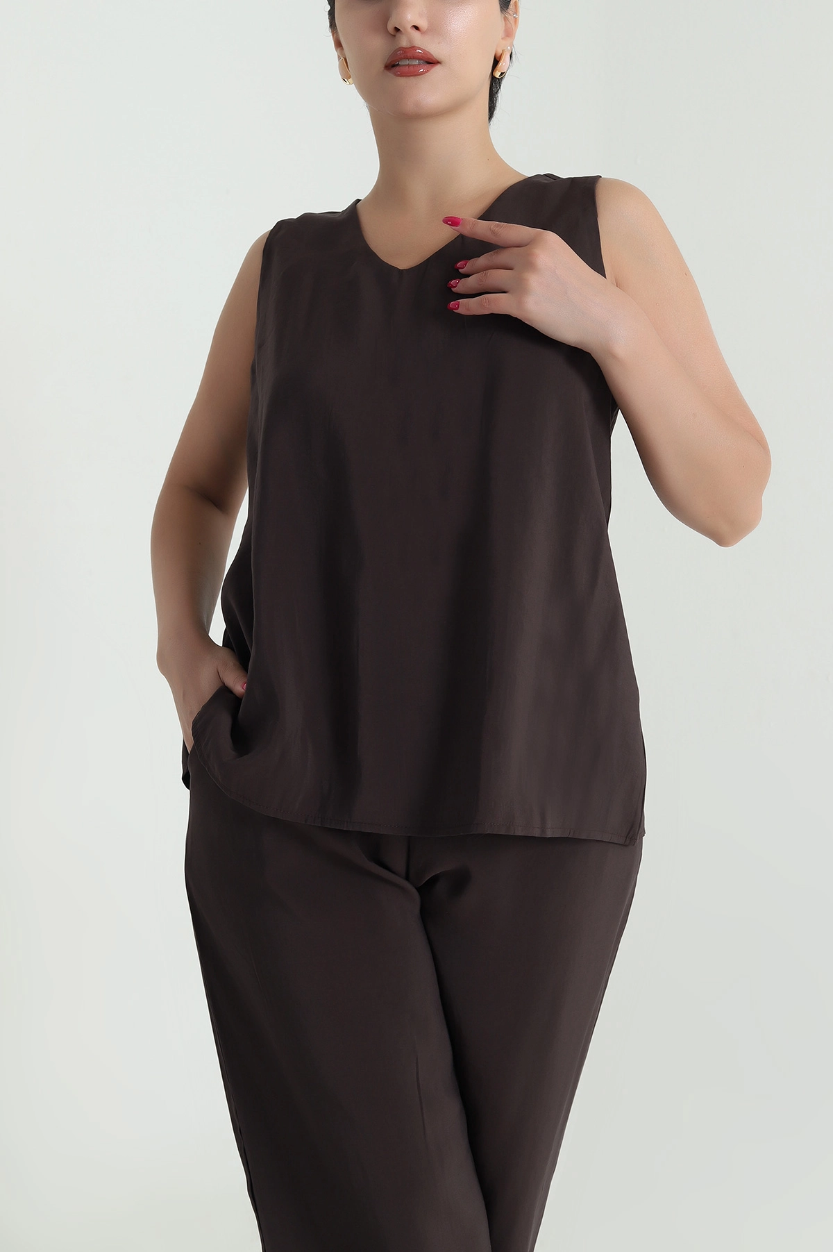 Kahverengi Tencel V Yaka Kadın İkili Takım 475191