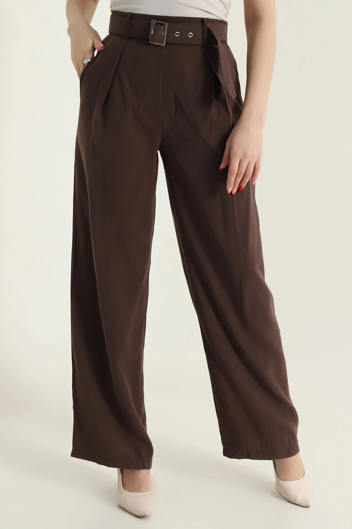 Kahverengi Tencel Viskon Kemerli Bol Paça Kadın Pantolon 434290