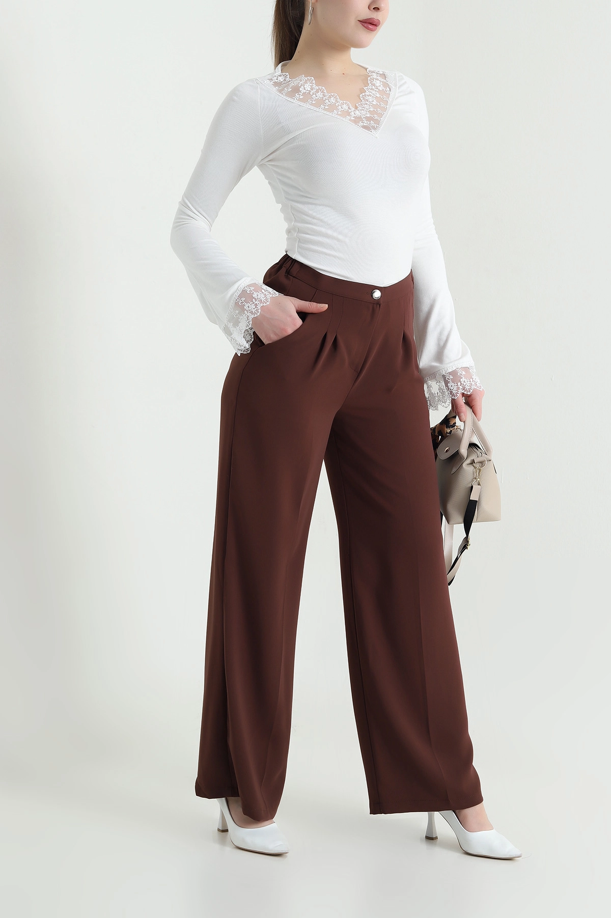 Kahverengi Tensel Crep Beli Lastikli Kadın Pantolon 440774