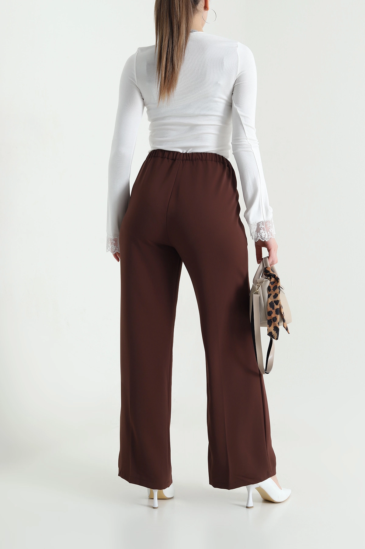 Kahverengi Tensel Crep Beli Lastikli Kadın Pantolon 440774