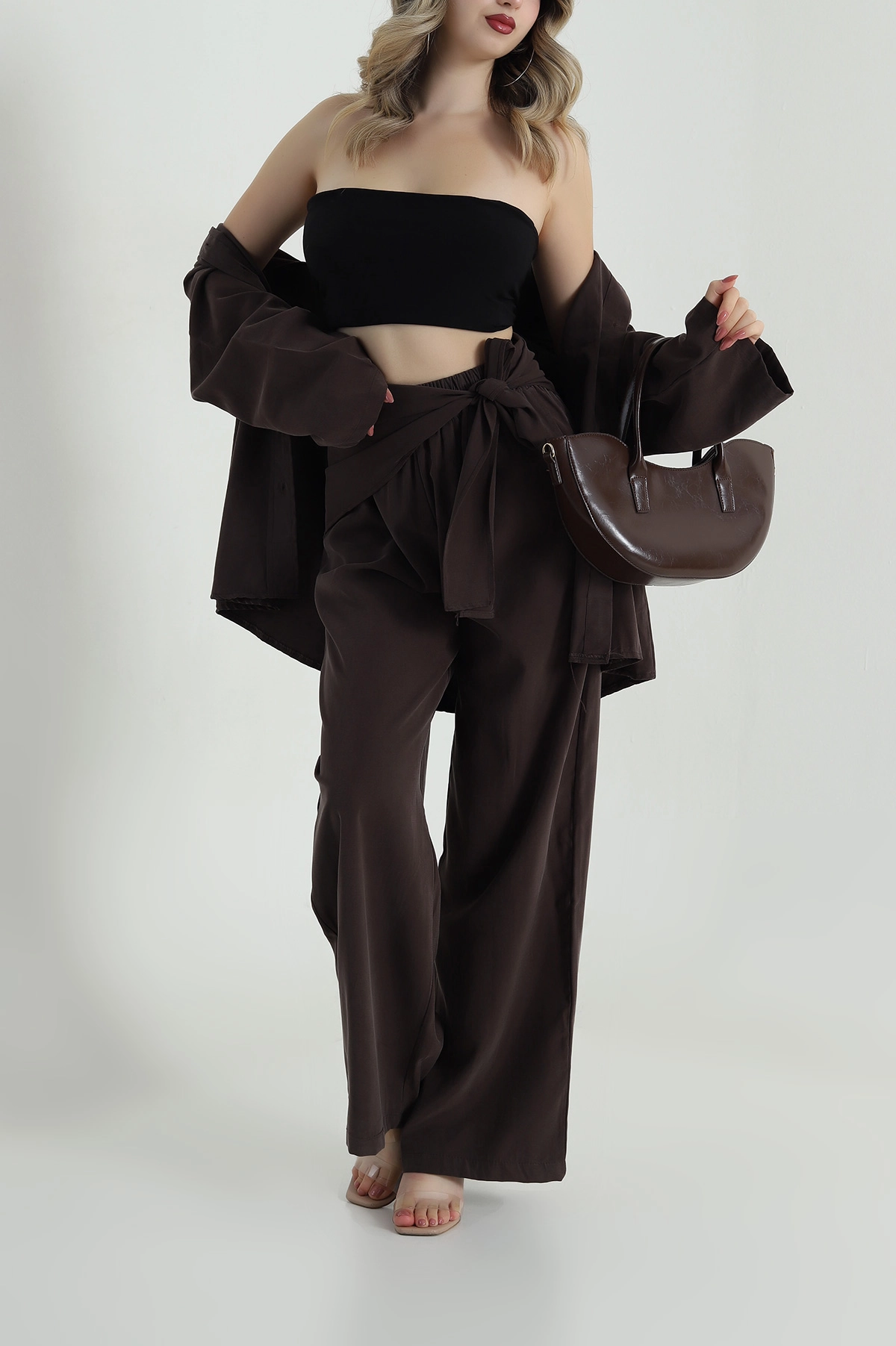 Kahverengi Tensel Gabardin Fularlı Kadın İkili Takım 485645