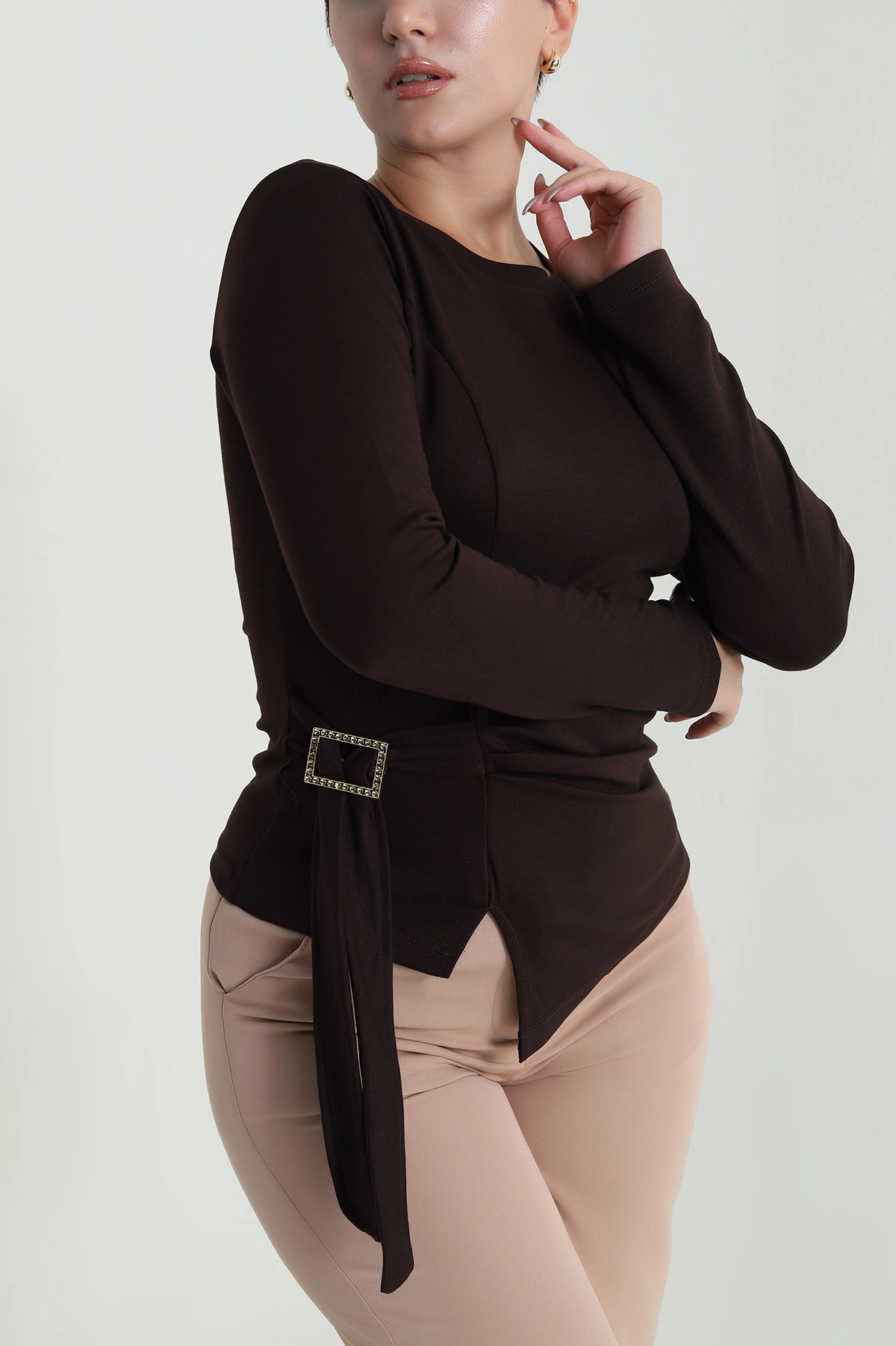 Kahverengi Tokalı Modal Kadın Bluz 483303