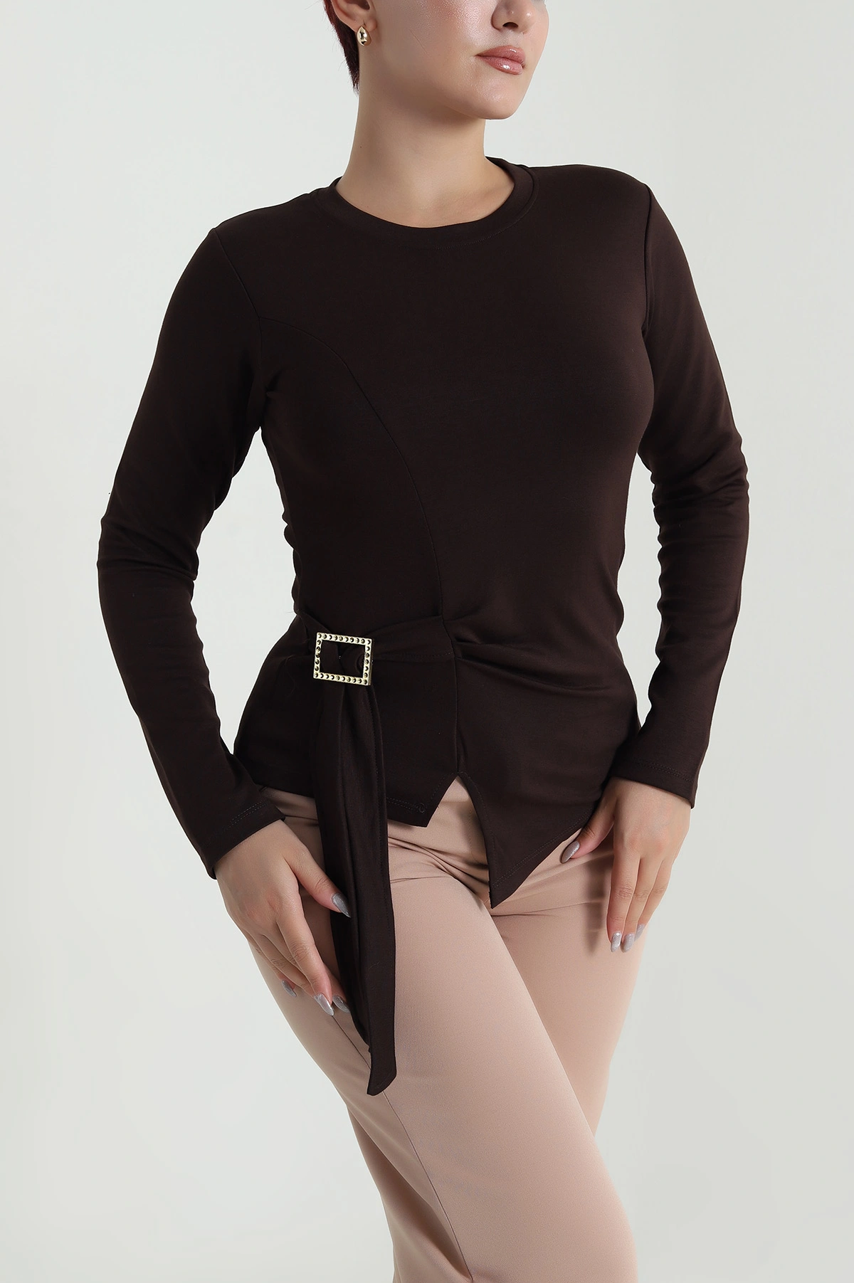 Kahverengi Tokalı Modal Kadın Bluz 483303