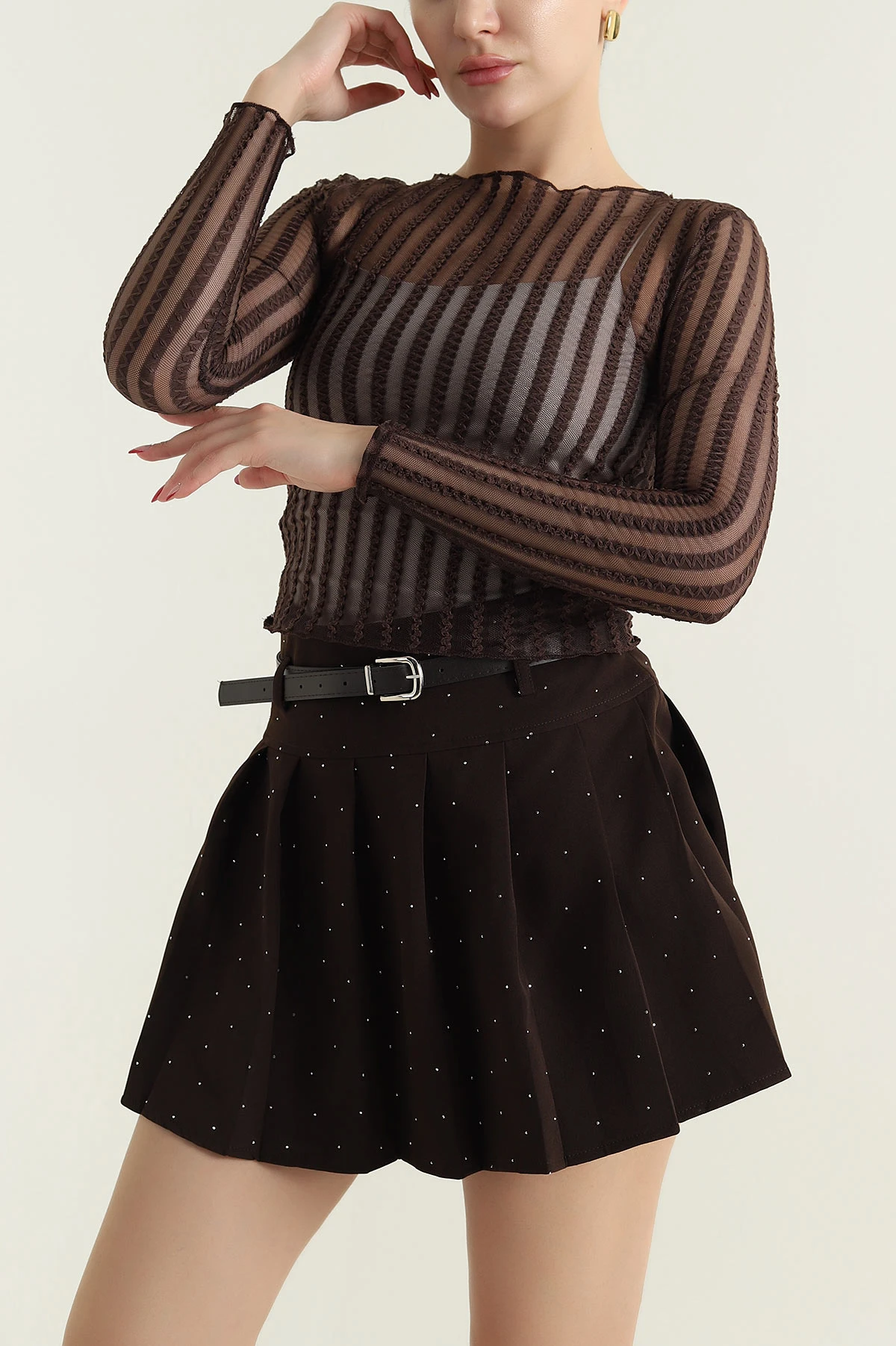 Kahverengi Tül Crop Kadın Badi 431743