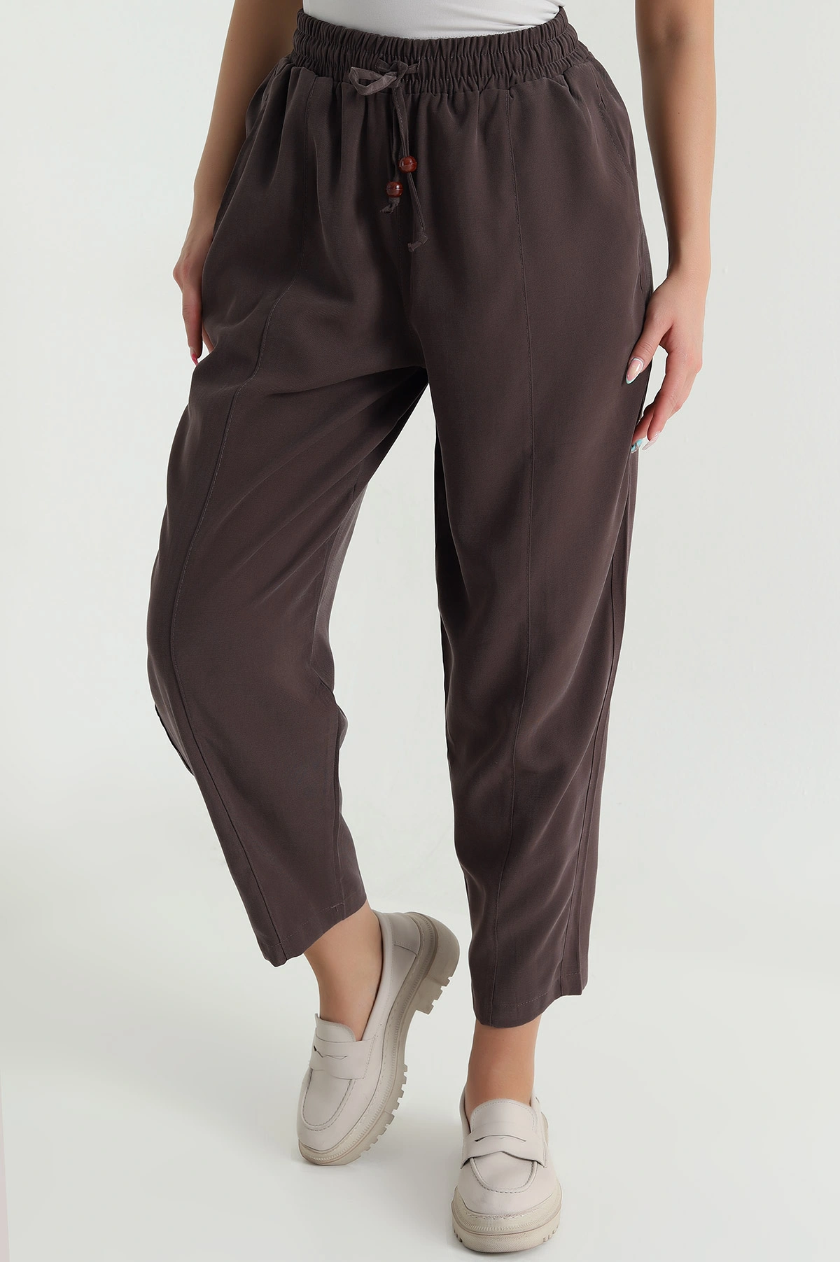 Kahverengi Twil Modal Beli Lastikli Kadın Pantolon 469597