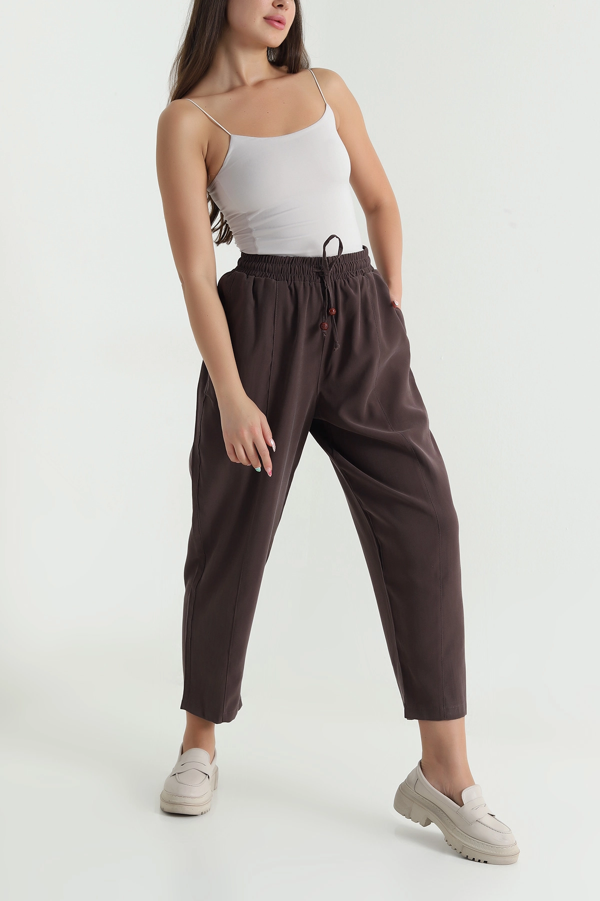 Kahverengi Twil Modal Beli Lastikli Kadın Pantolon 469597