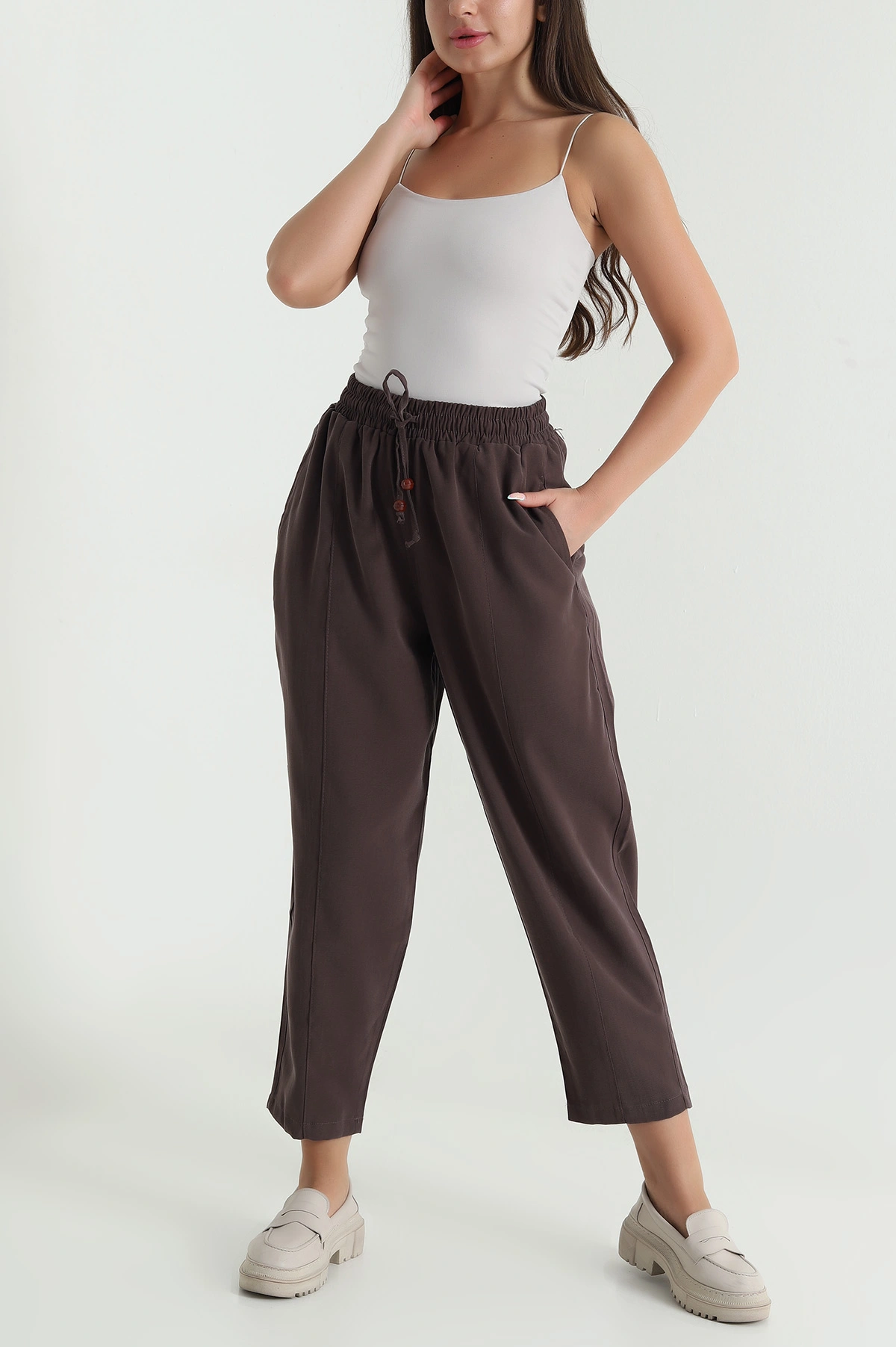 Kahverengi Twil Modal Beli Lastikli Kadın Pantolon 469597