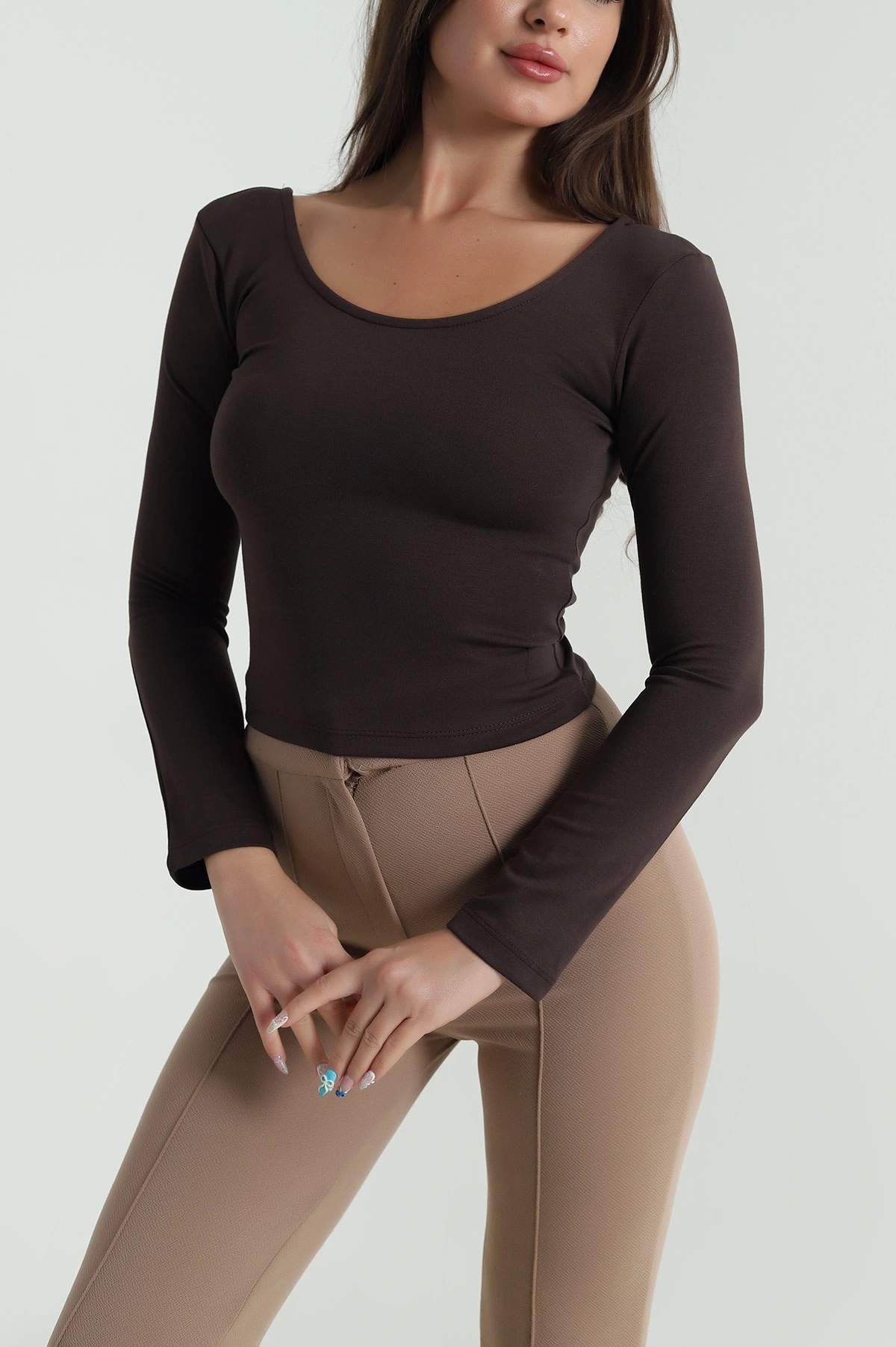 Kahverengi U Yaka Basic Kadın Bluz 483111