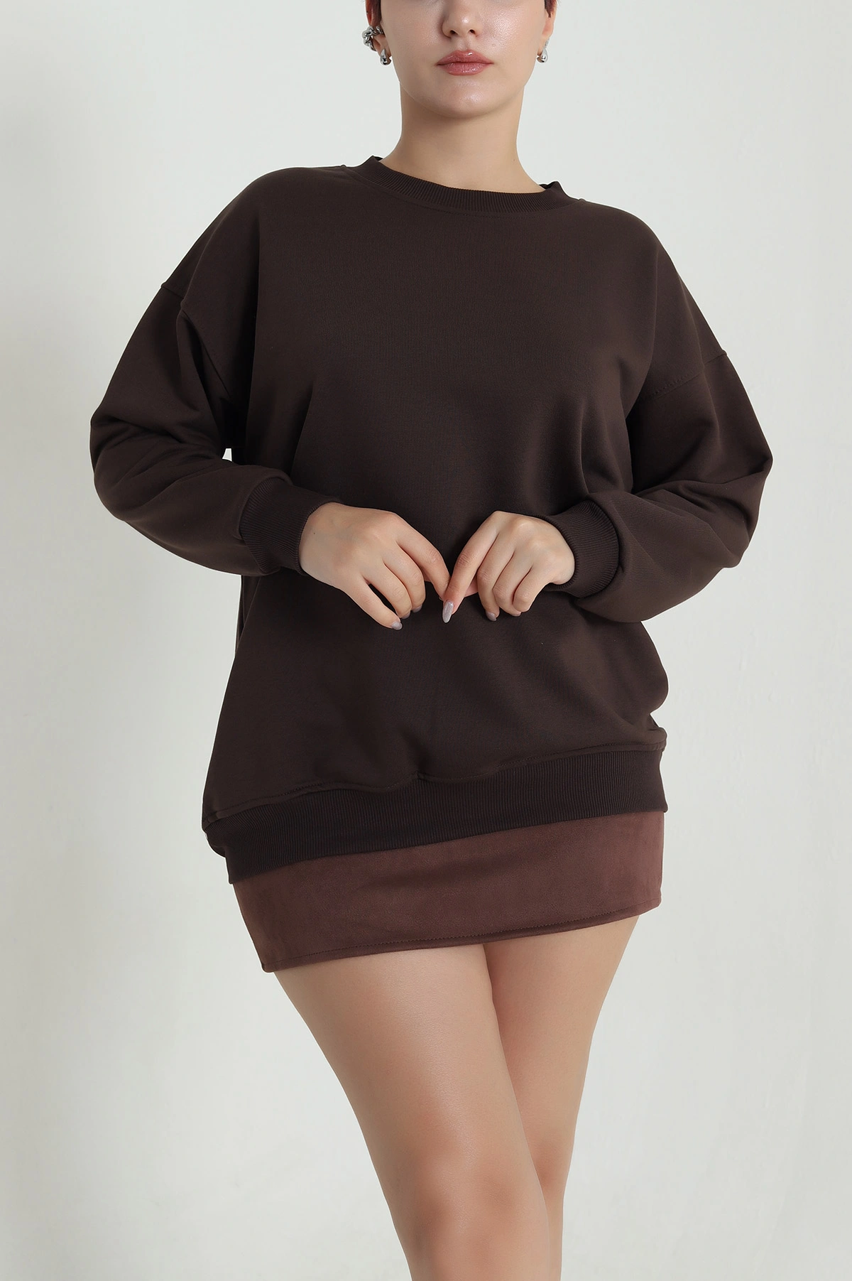 Kahverengi Üç İp Bisiklet Yaka Kadın Sweat 483663