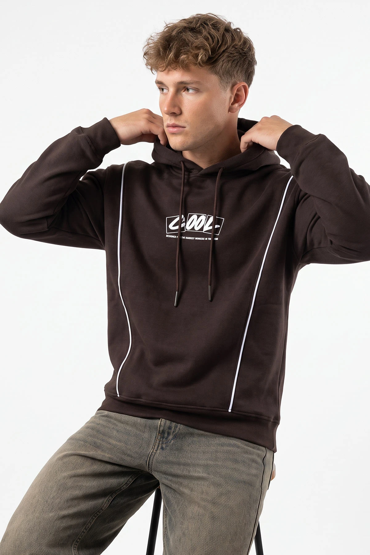Kahverengi Üç İp Şardonlu Kapüşonlu Erkek Sweatshirt 500075