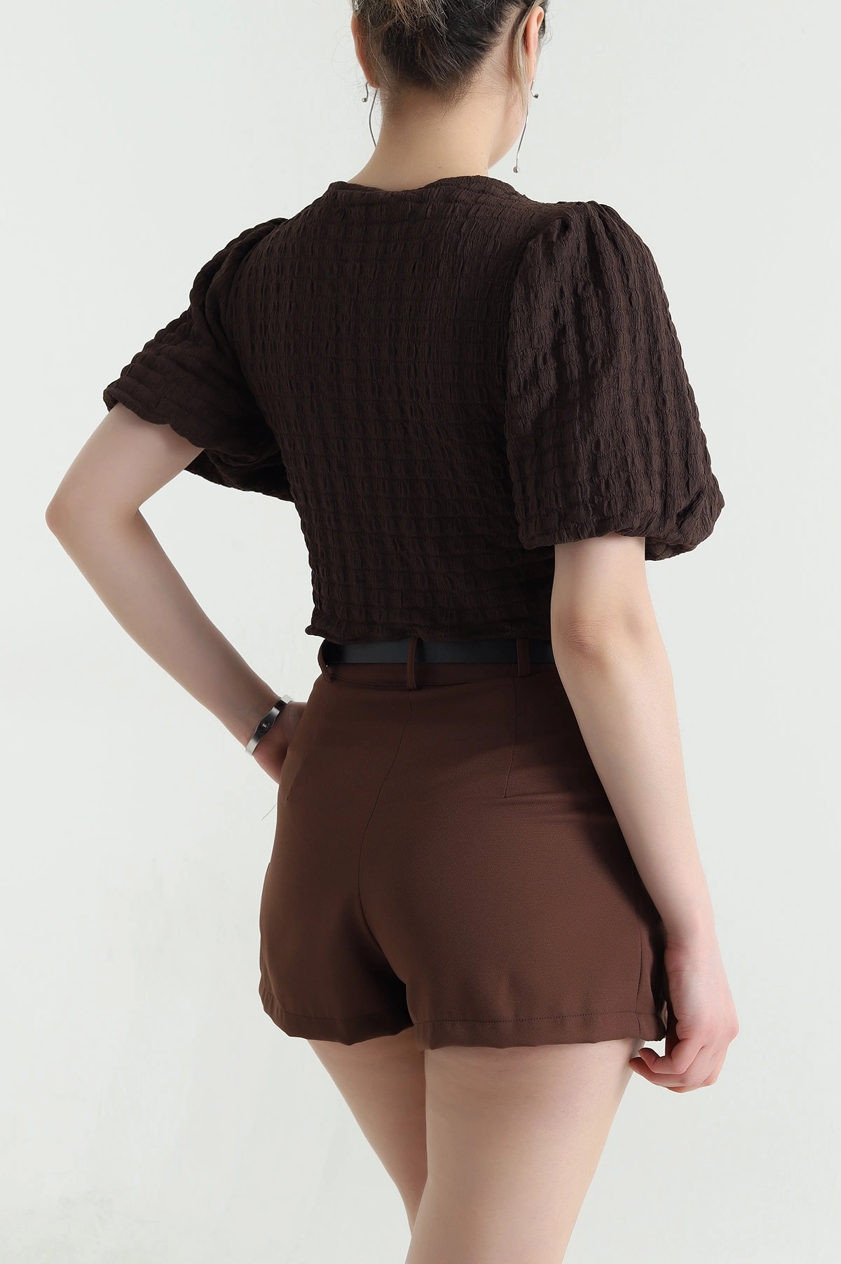 Kahverengi V Yaka Gofre Kadın Crop 456751