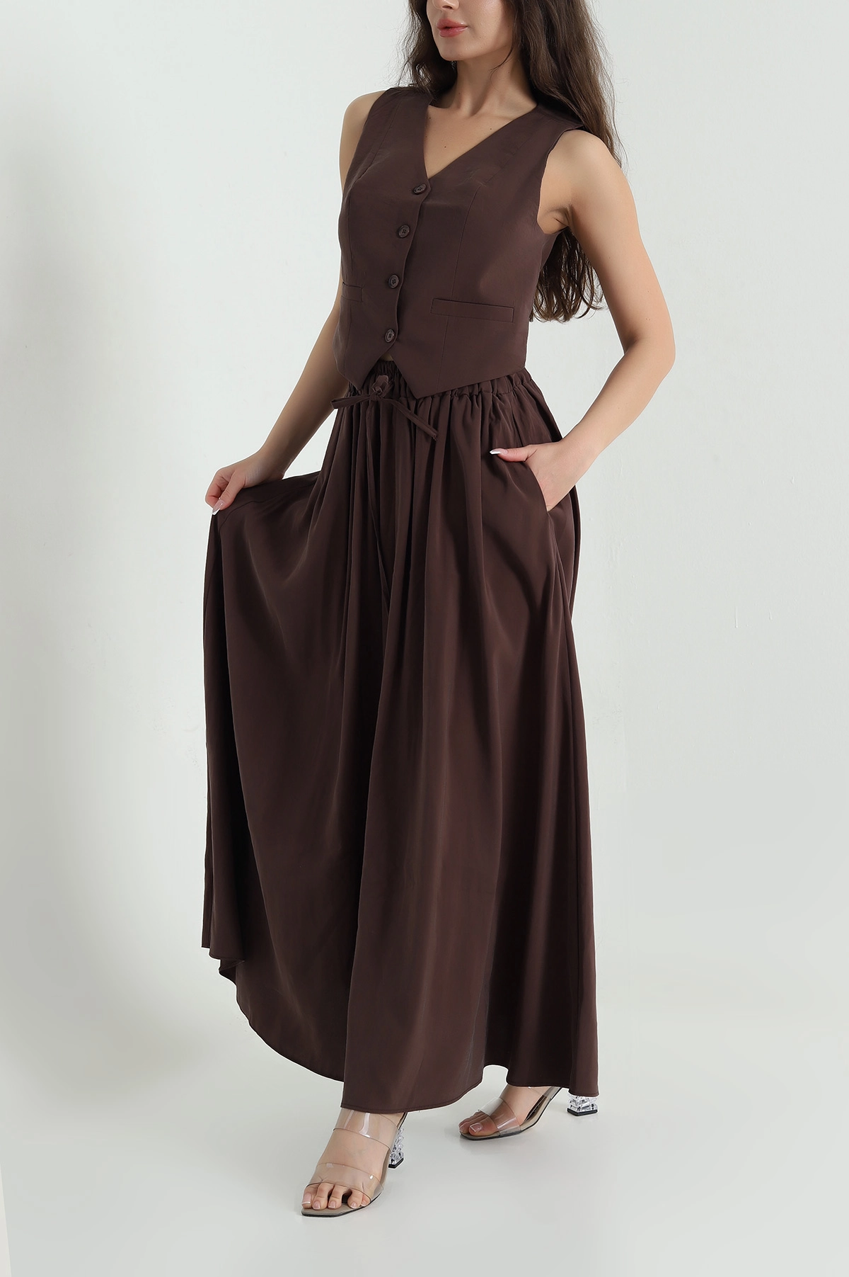 Kahverengi V Yaka Tencel Kadın İkili Takım 462586