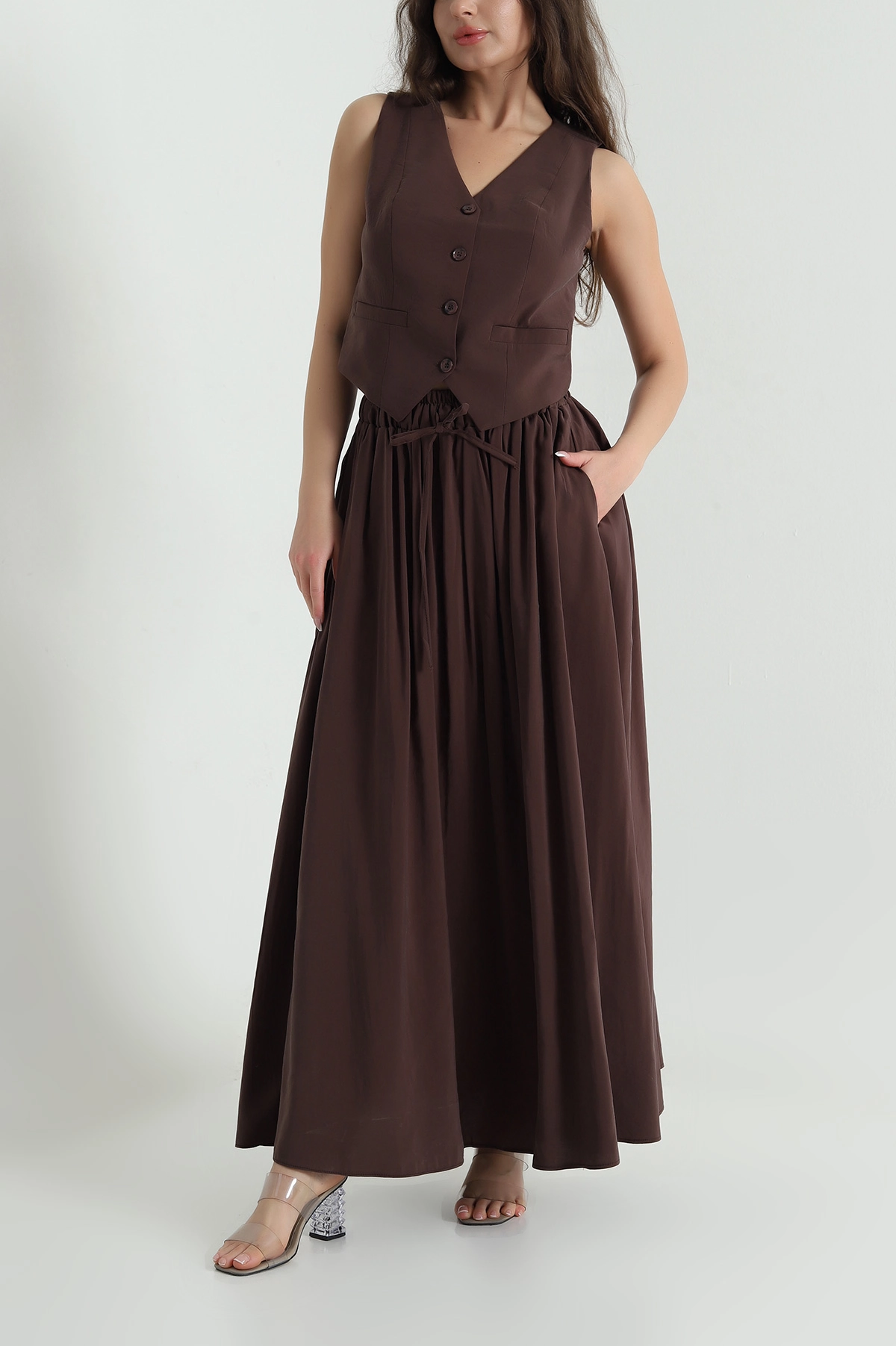 Kahverengi V Yaka Tencel Kadın İkili Takım 462586