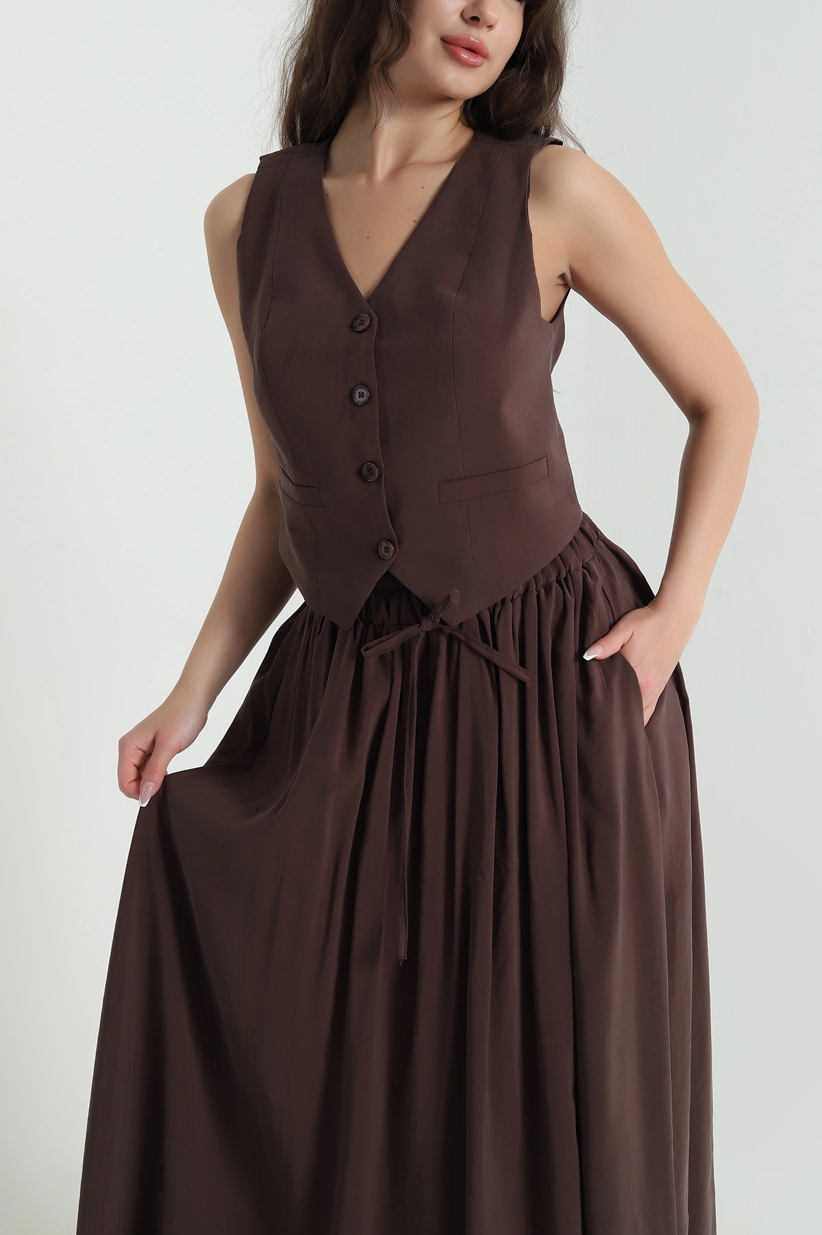 Kahverengi V Yaka Tencel Kadın İkili Takım 462586