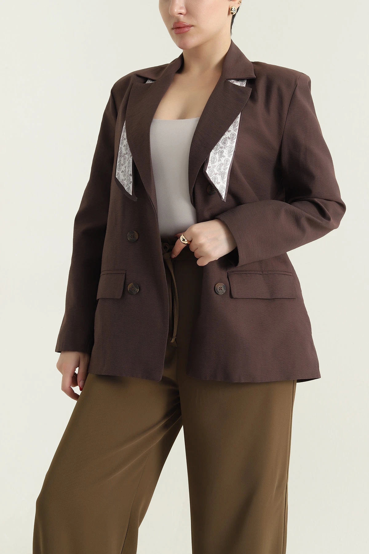 Kahverengi Vatkalı Keten Blazer Kadın Ceket 435722