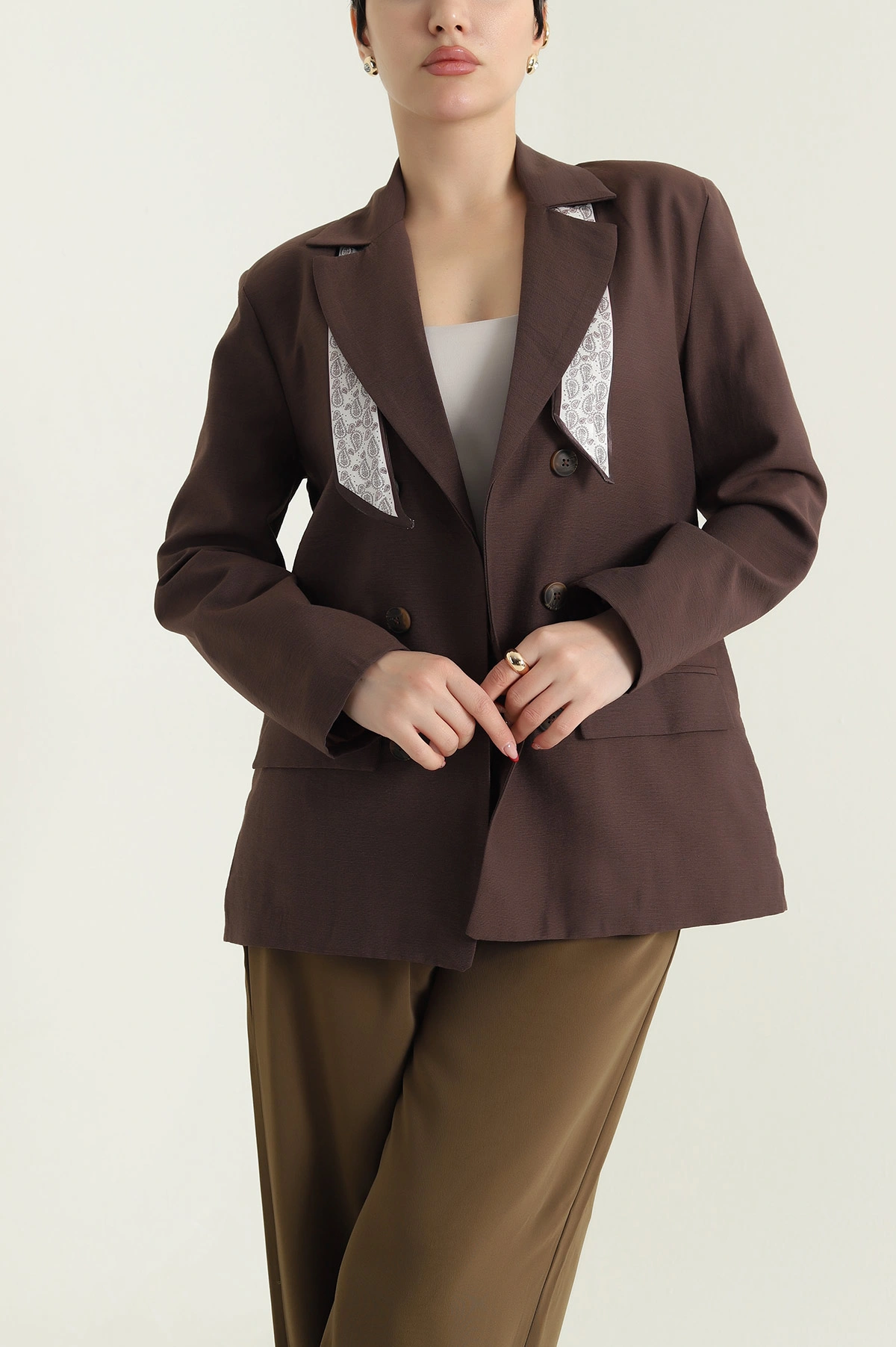 Kahverengi Vatkalı Keten Blazer Kadın Ceket 435722