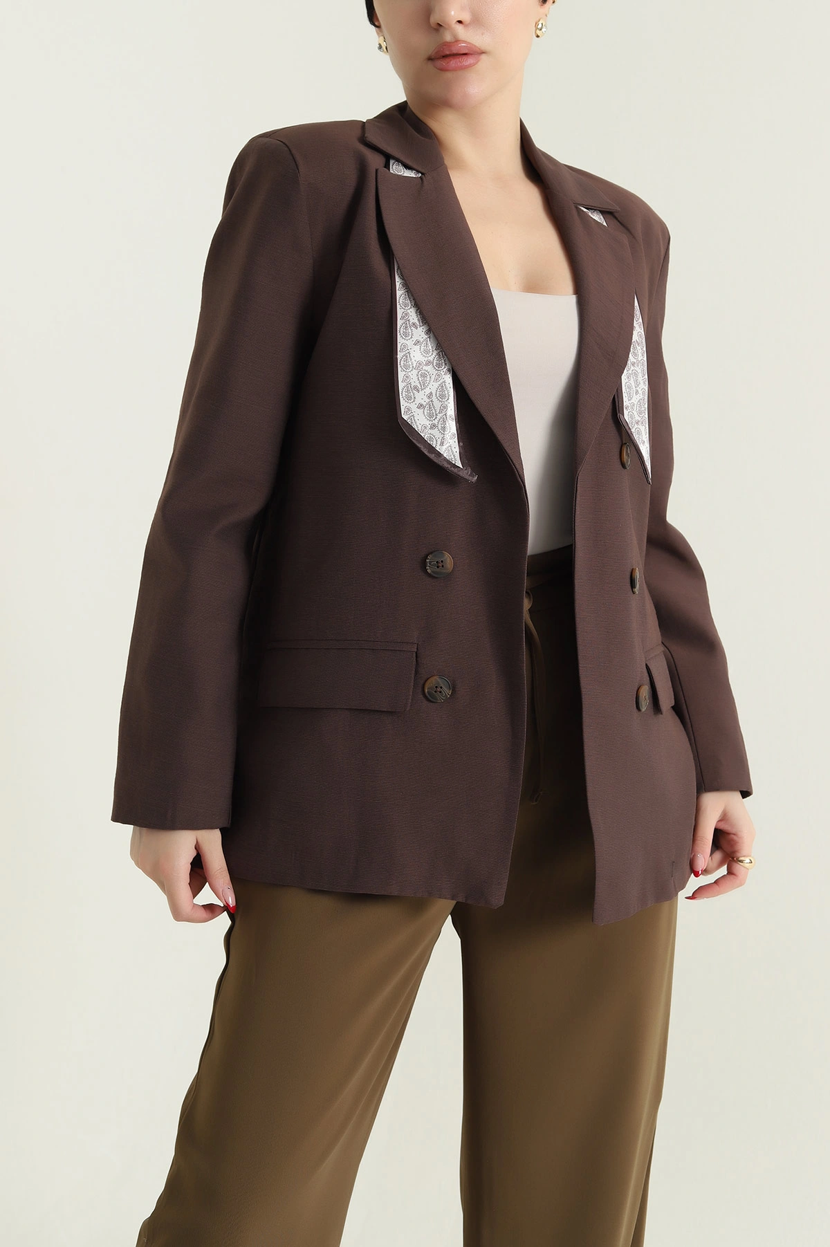 Kahverengi Vatkalı Keten Blazer Kadın Ceket 435722