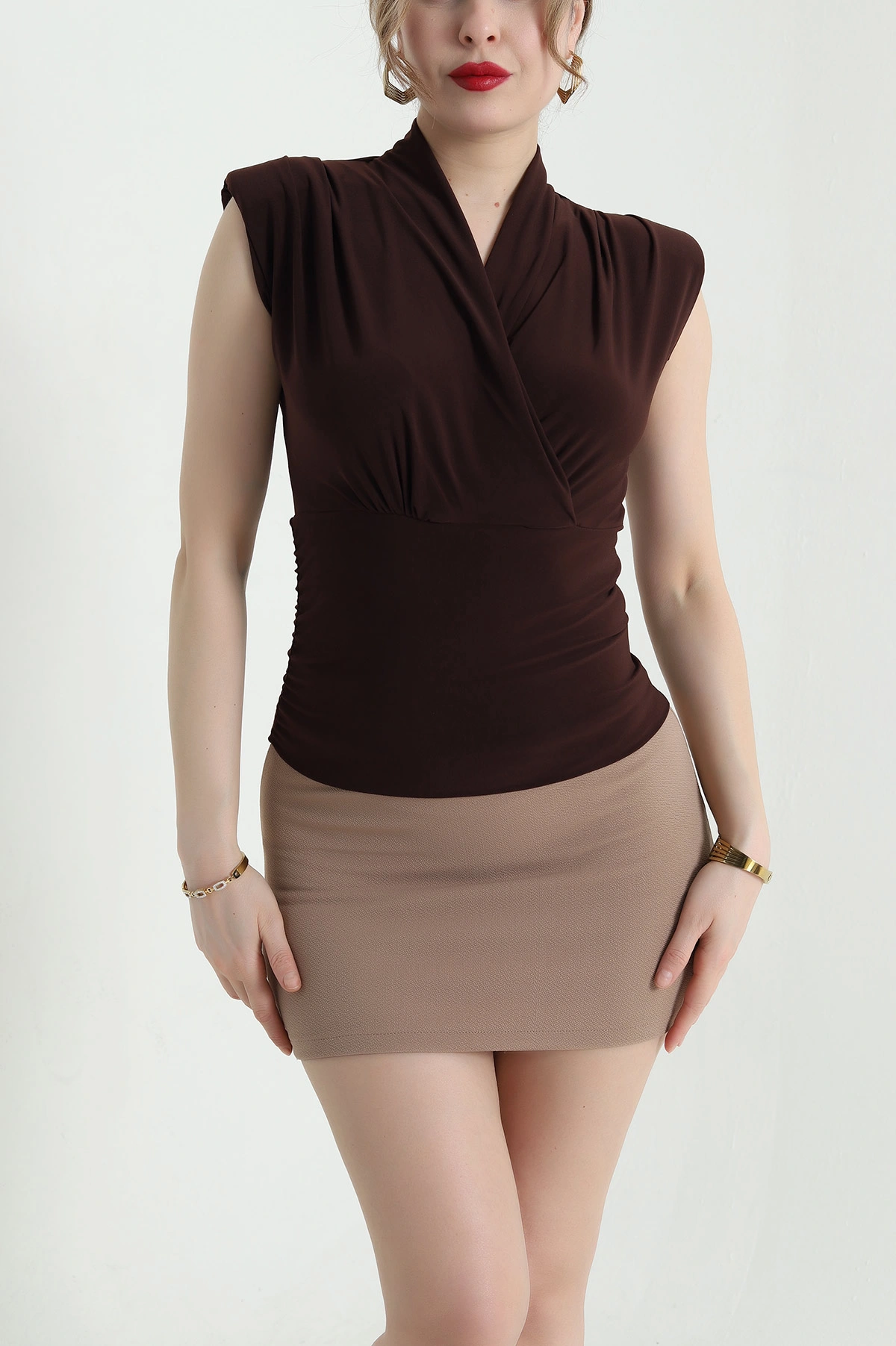 Kahverengi Vatkalı Sandy Kadın Bluz 441595