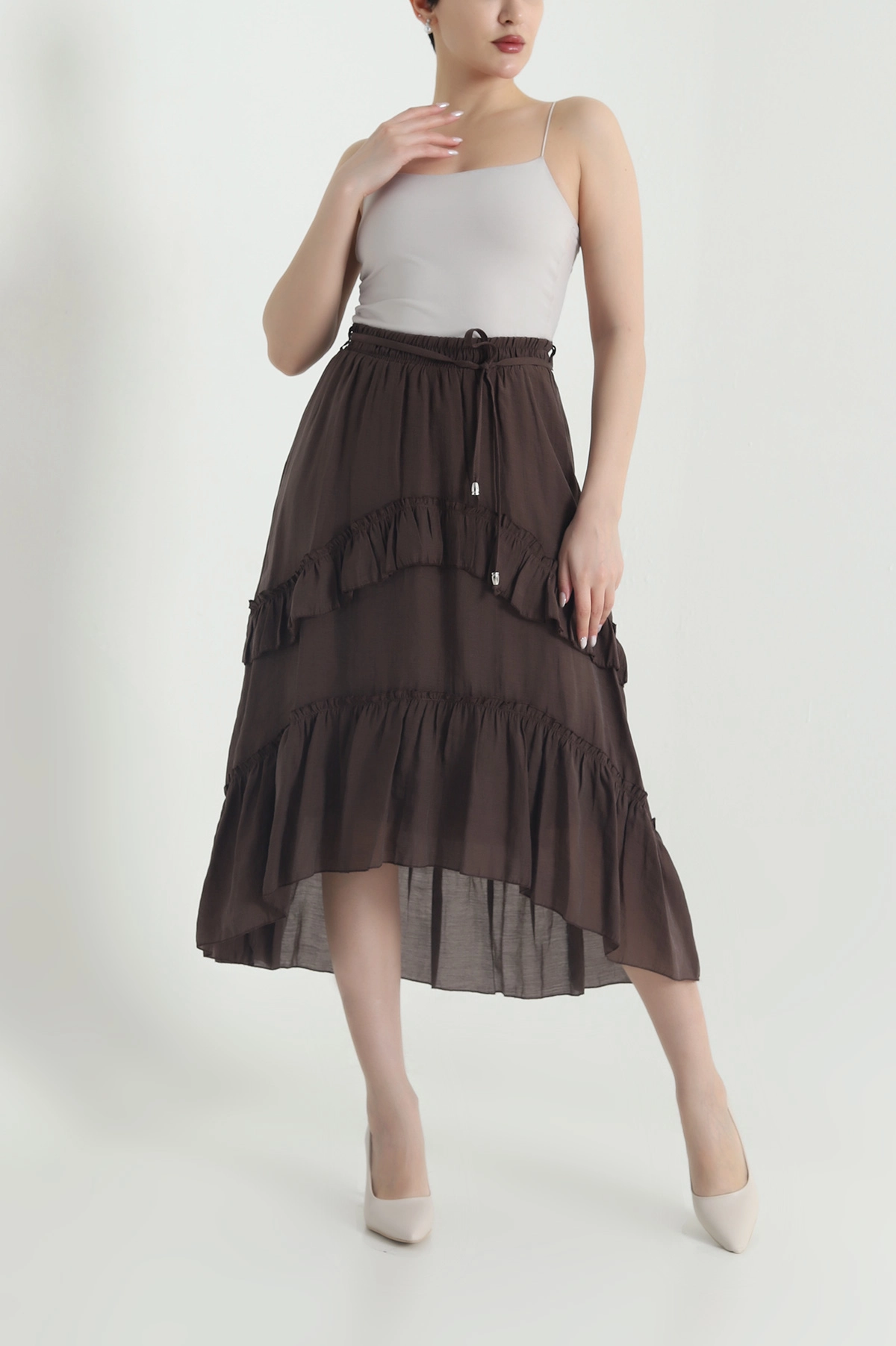 Kahverengi Volanlı Tencel Kadın Etek 443047