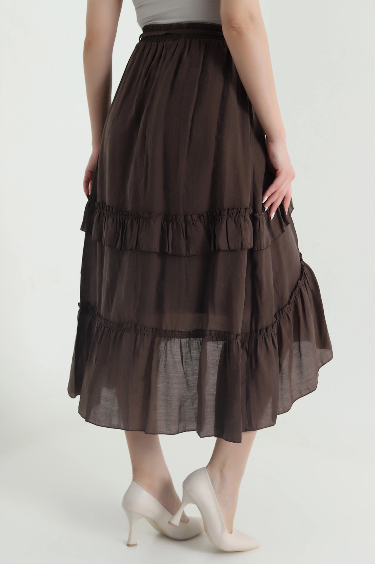 Kahverengi Volanlı Tencel Kadın Etek 443047