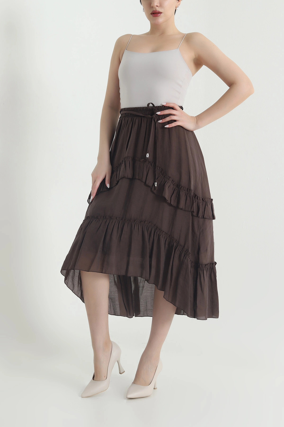 Kahverengi Volanlı Tencel Kadın Etek 443047