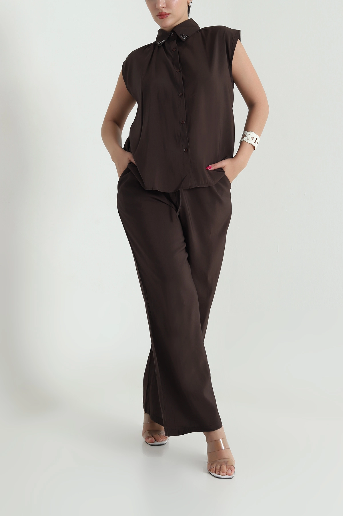 Kahverengi Yaka İncili Tencel Kadın İkili Takım 475224