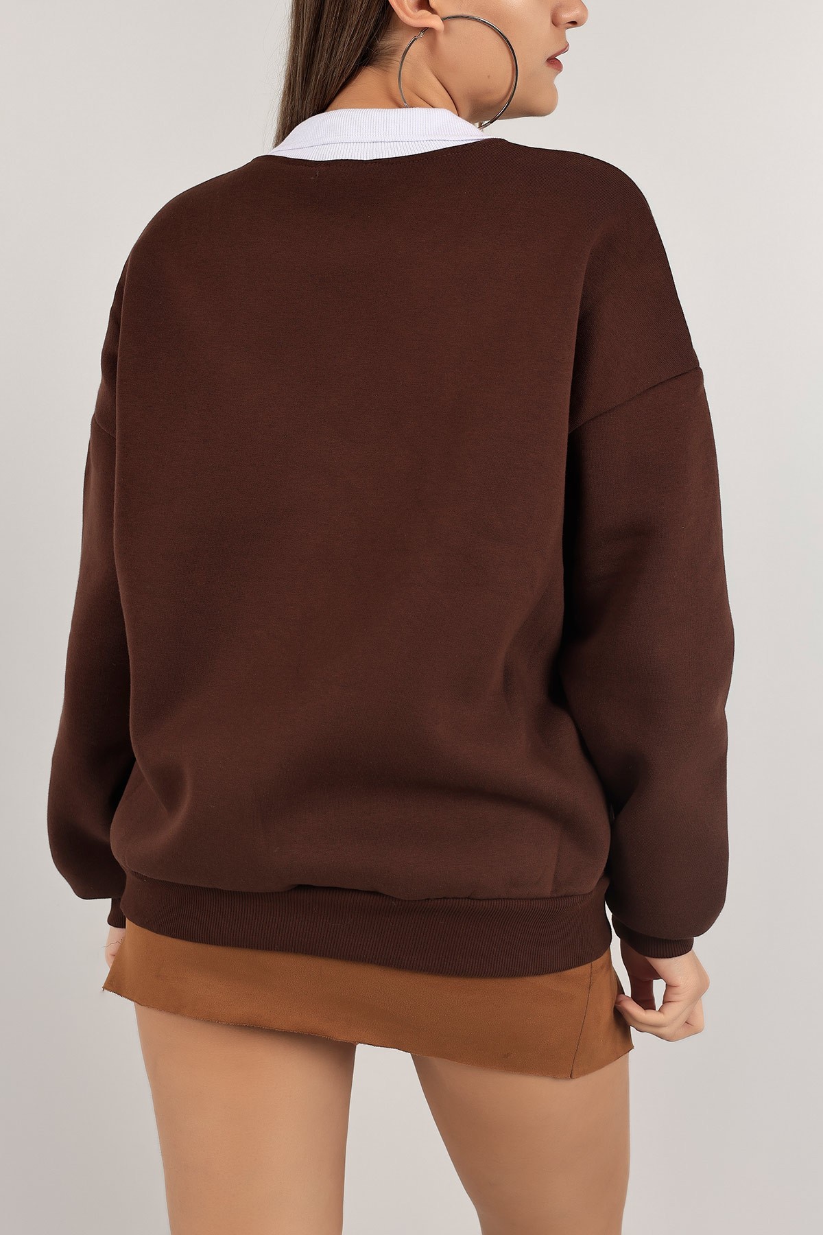 Kahverengi Yakalı İçi Şardonlu Bayan Sweat 139525