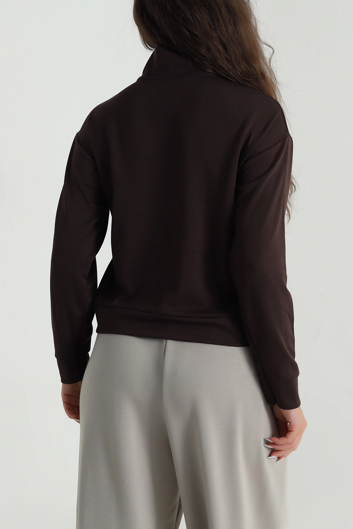 Kahverengi Yakası Fermuarlı Modal Kadın Sweat 488256