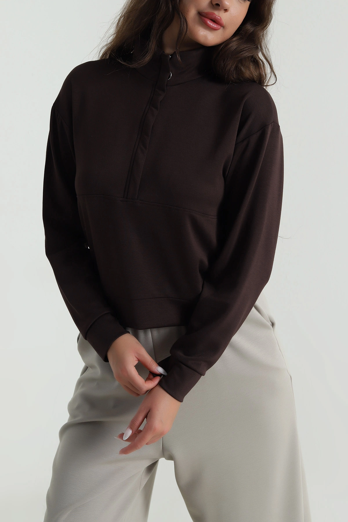 Kahverengi Yakası Fermuarlı Modal Kadın Sweat 488256