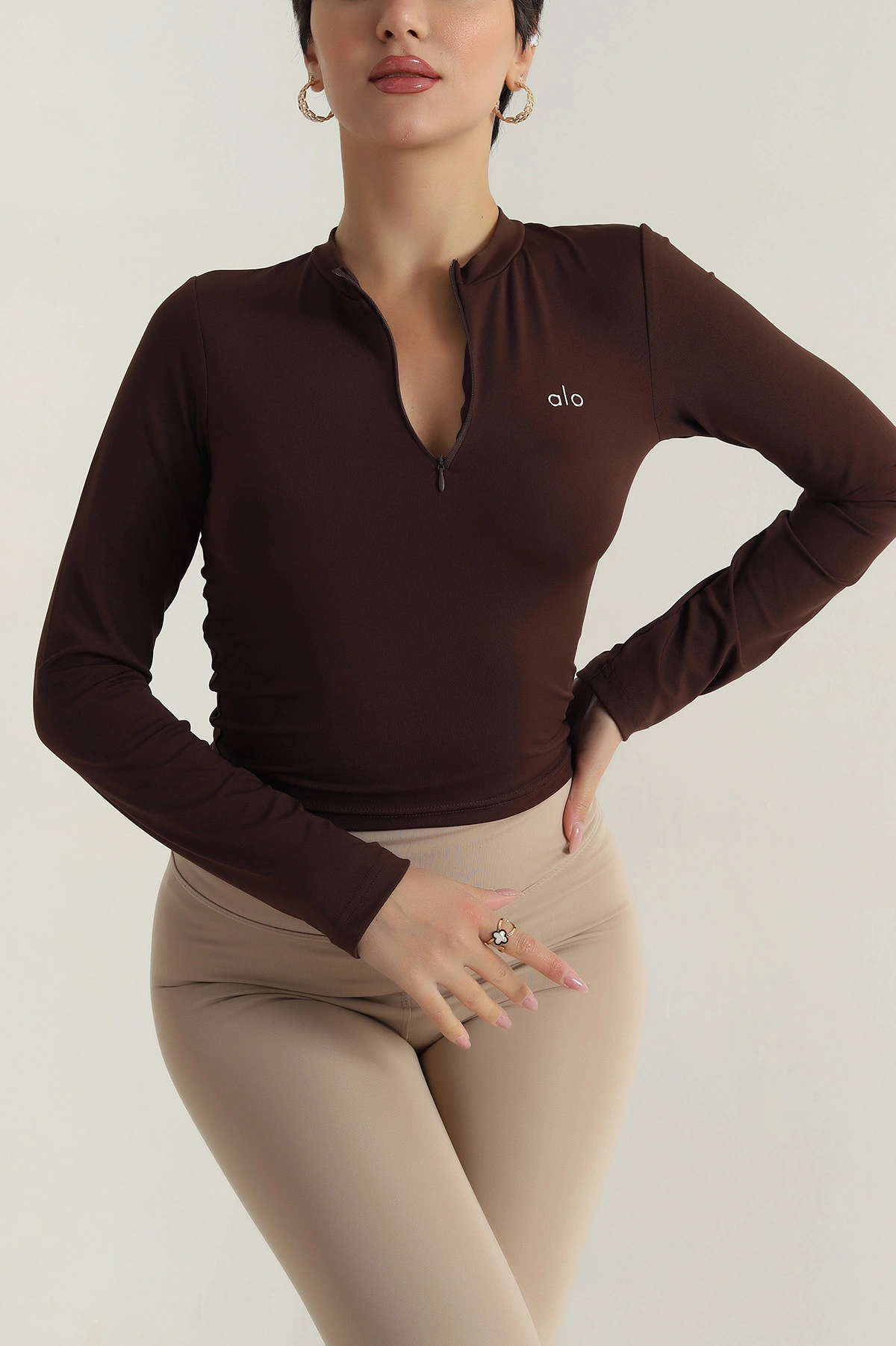 Kahverengi Yakası Fermuarlı Scuba Kadın Body Bluz 404041