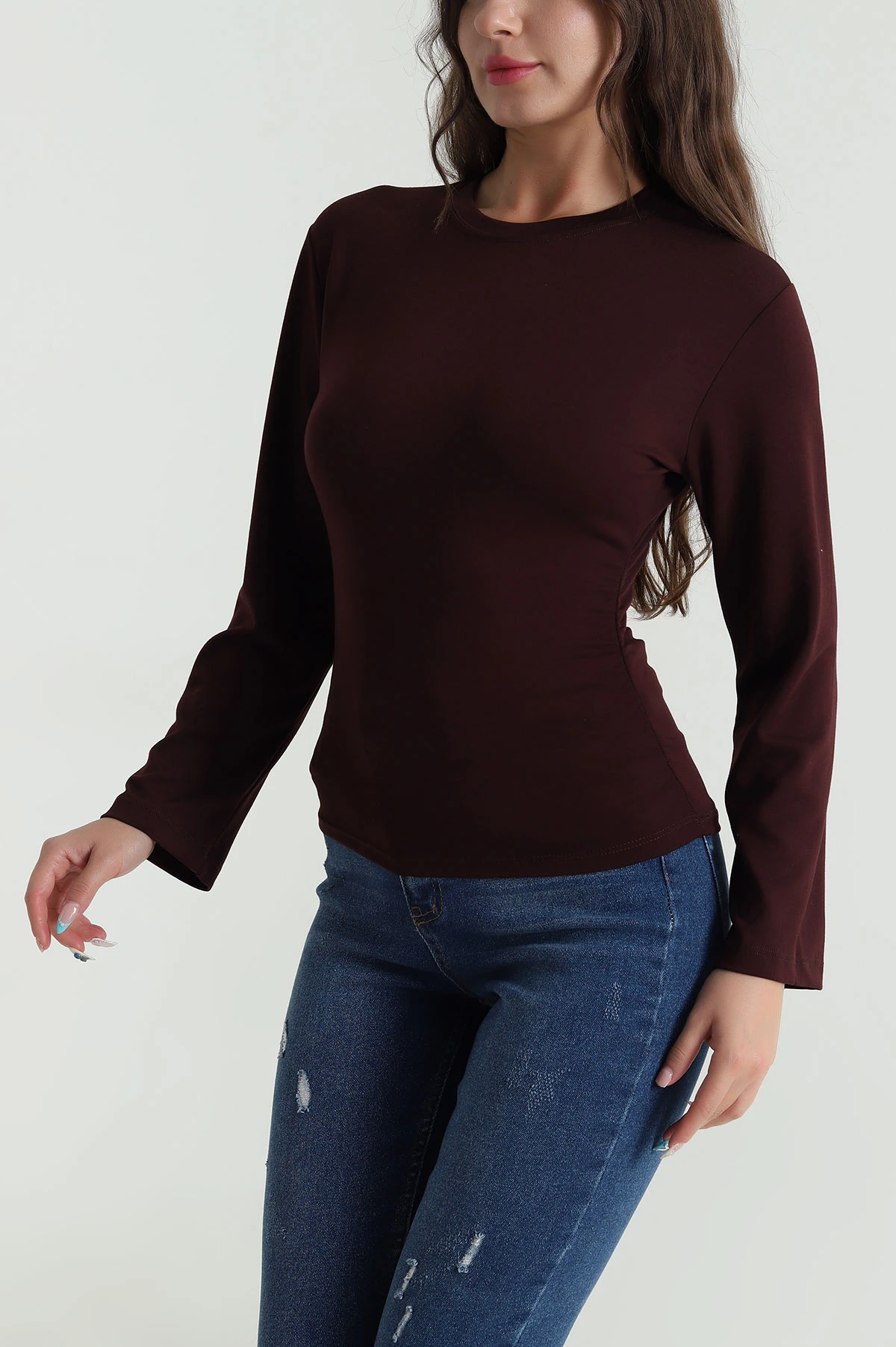 Kahverengi Yanı Büzgülü Modal Kadın Bluz 484400