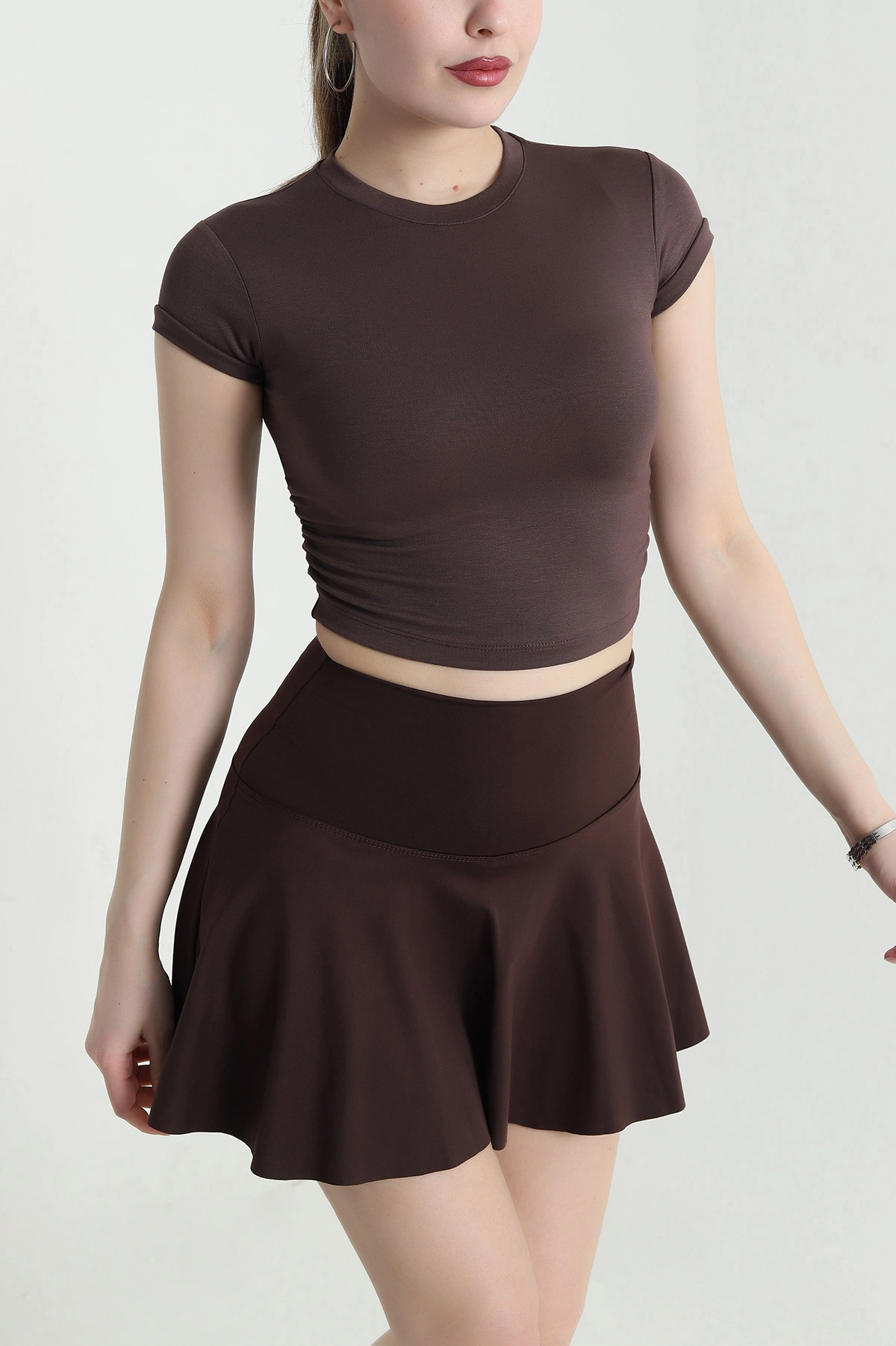 Kahverengi Yanları Büzgülü Buzzy Kadın Crop 440367
