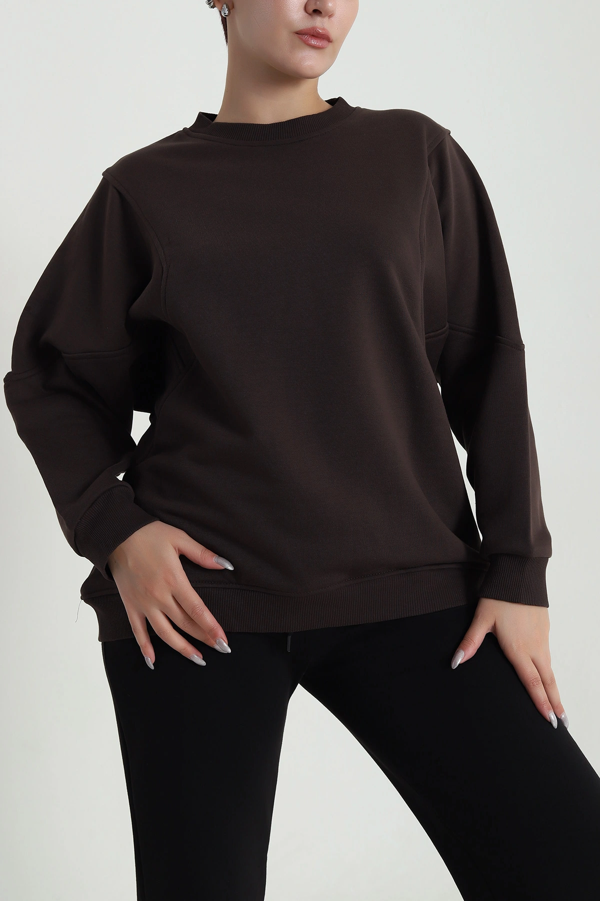 Kahverengi Yarasa Kol Üç İp Kadın Sweat 484260