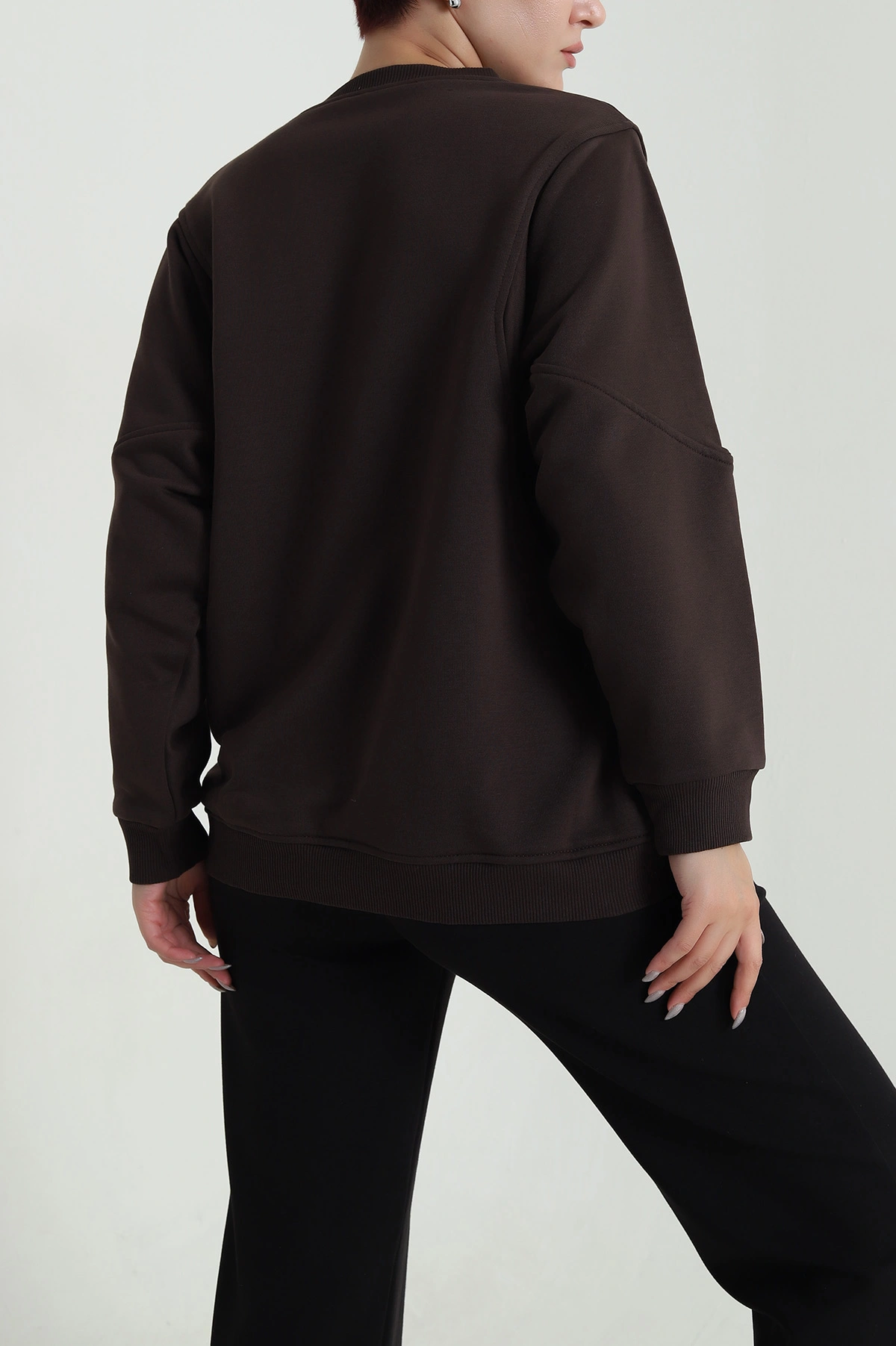 Kahverengi Yarasa Kol Üç İp Kadın Sweat 484260