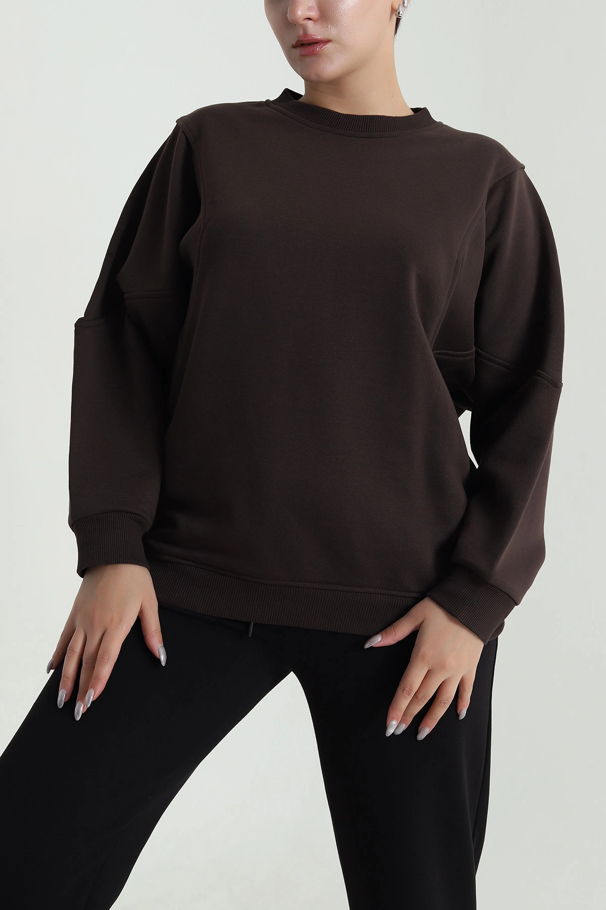 Kahverengi Yarasa Kol Üç İp Kadın Sweat 484260