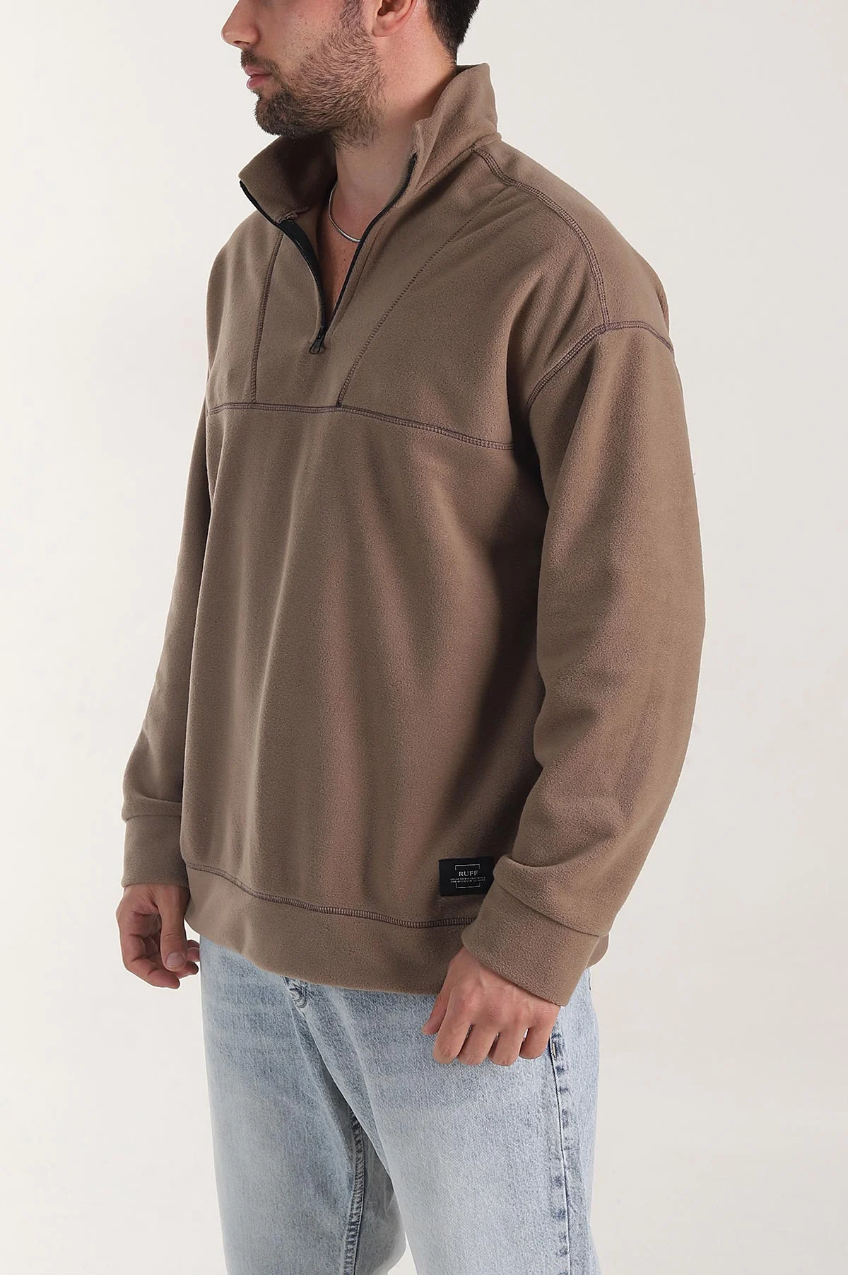 Kahverengi Yarım Fermuarlı Dik Yaka Dikiş Detaylı Polar Kumaş Erkek Sweatshirt 404322
