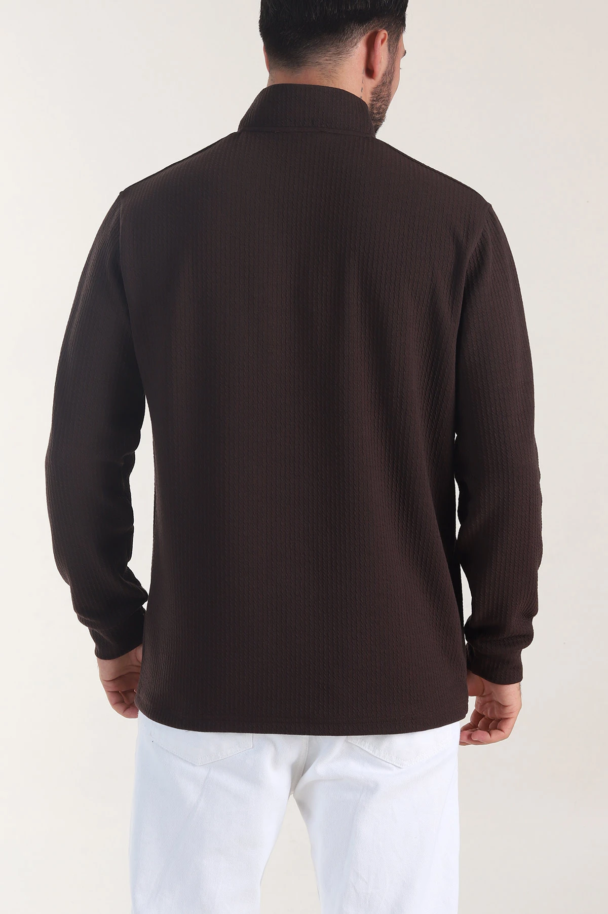 Kahverengi Yarım Fermuarlı Dik Yaka Dokulu Erkek Sweatshirt 406840