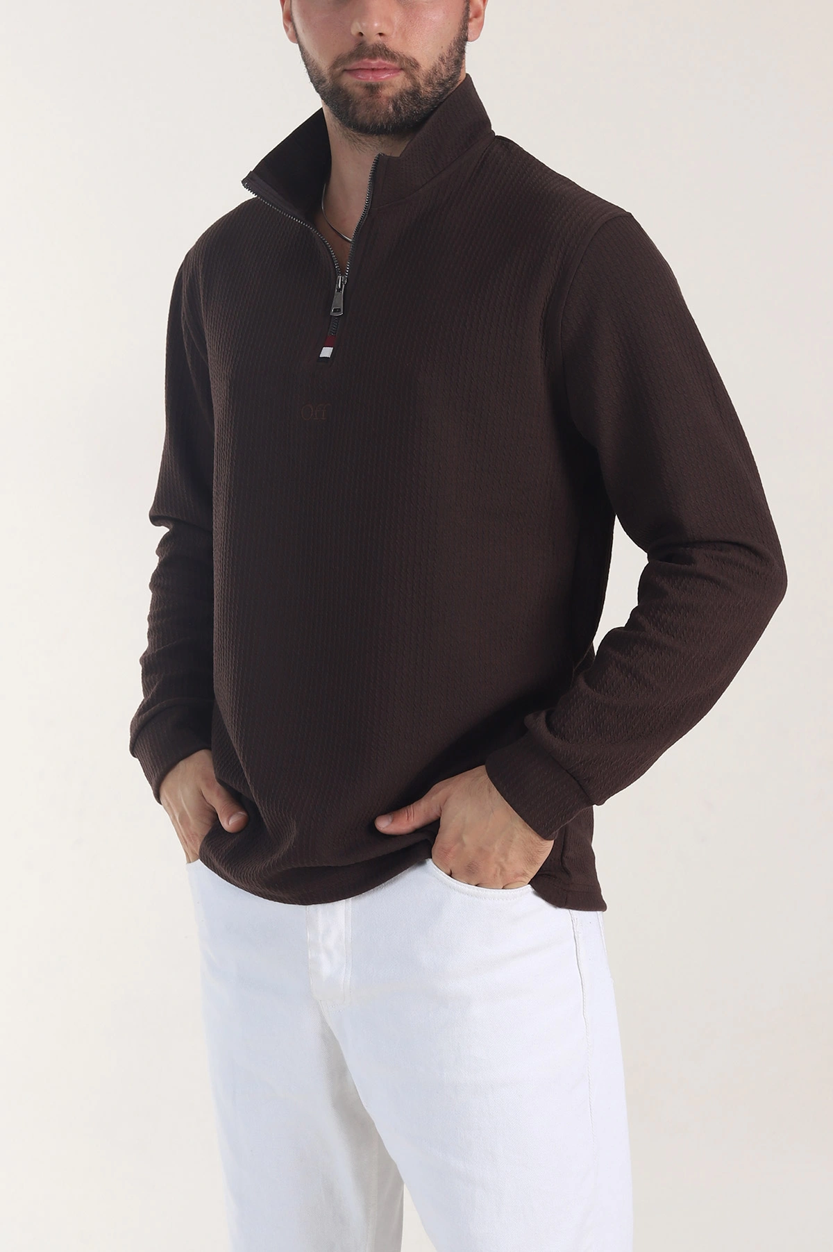 Kahverengi Yarım Fermuarlı Dik Yaka Dokulu Erkek Sweatshirt 406840